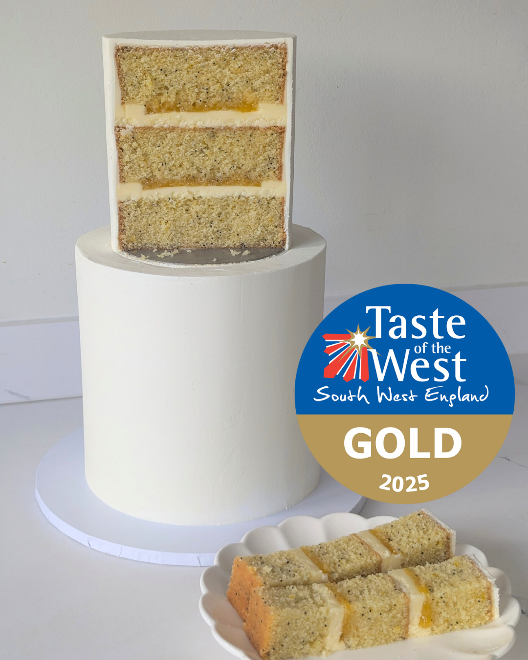 Wedding cake - Gold award winner at Taste of the West 2025 - Lemon, elderflower & poppyseed cake