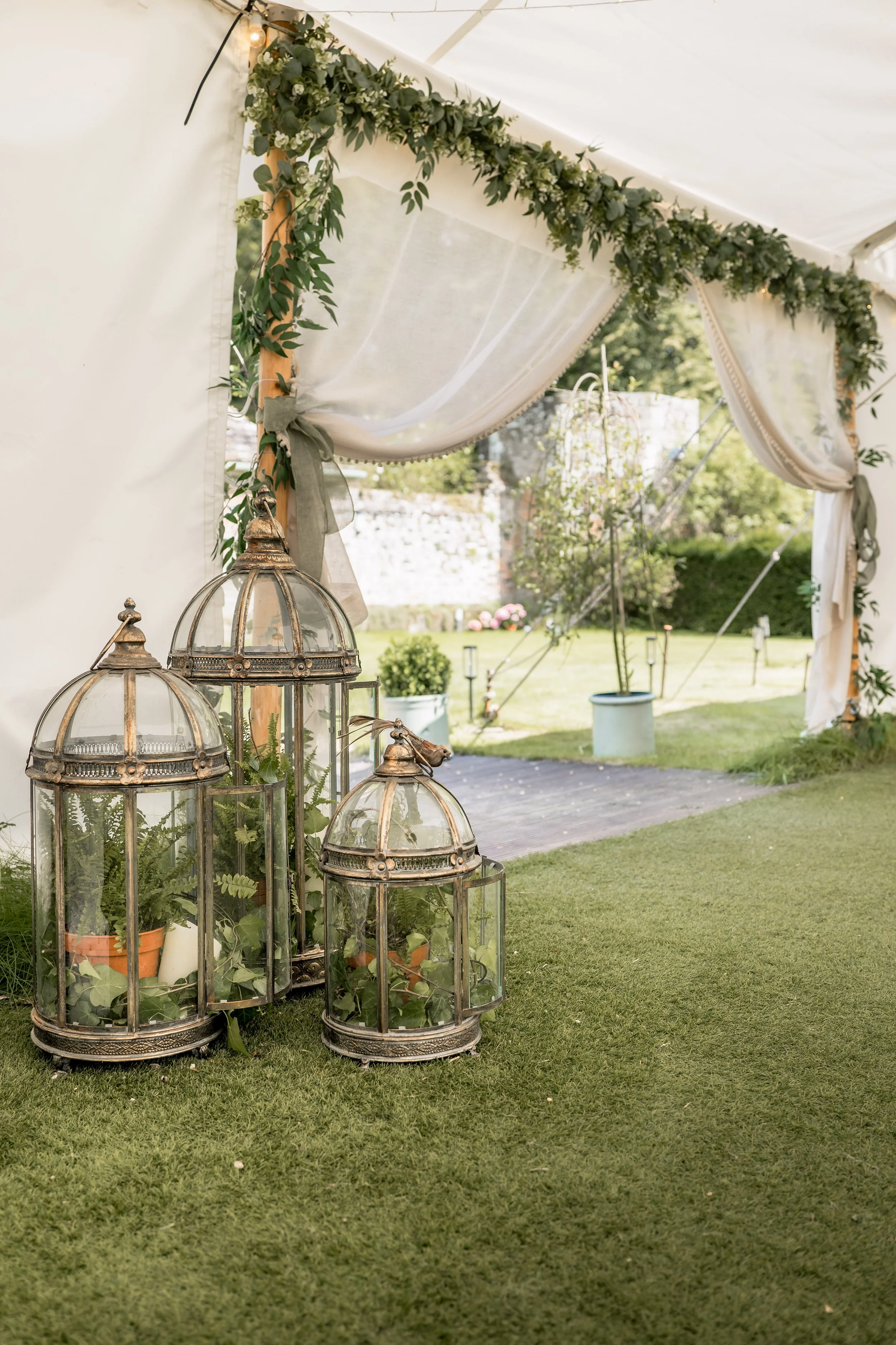 Decorative lanterns with plants inside, arranged on grass under a white canopy with green foliage and sheer curtains, in an outdoor garden setting.