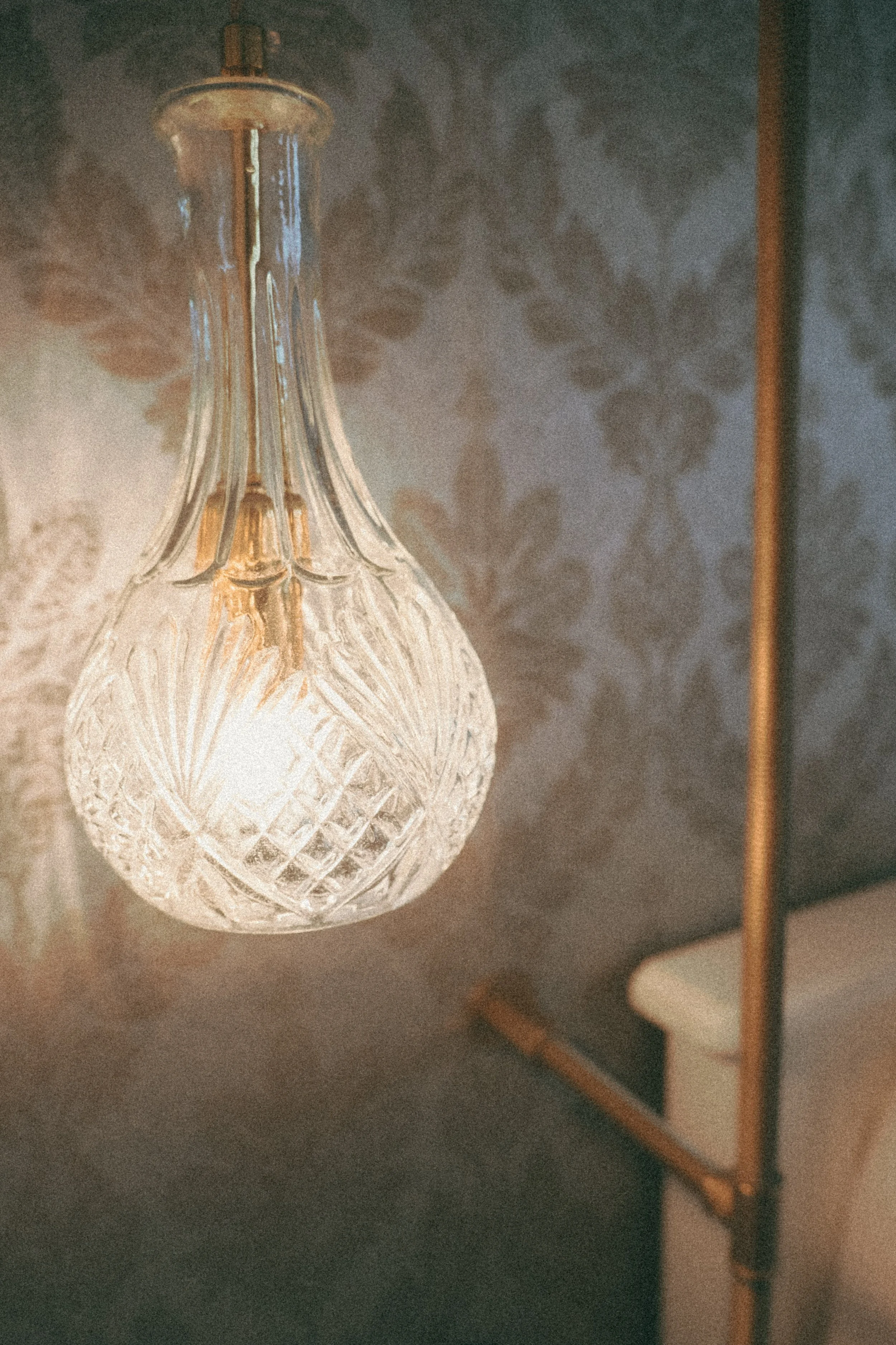 Close-up of a hanging glass chandelier with intricate cut glass patterns, illuminated, casting shadows on dark wallpaper with a floral pattern, and part of a white ceramic object, possibly a toilet, in the background.