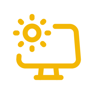 Yellow icon of a computer monitor with a sun symbol indicating brightness or daylight.