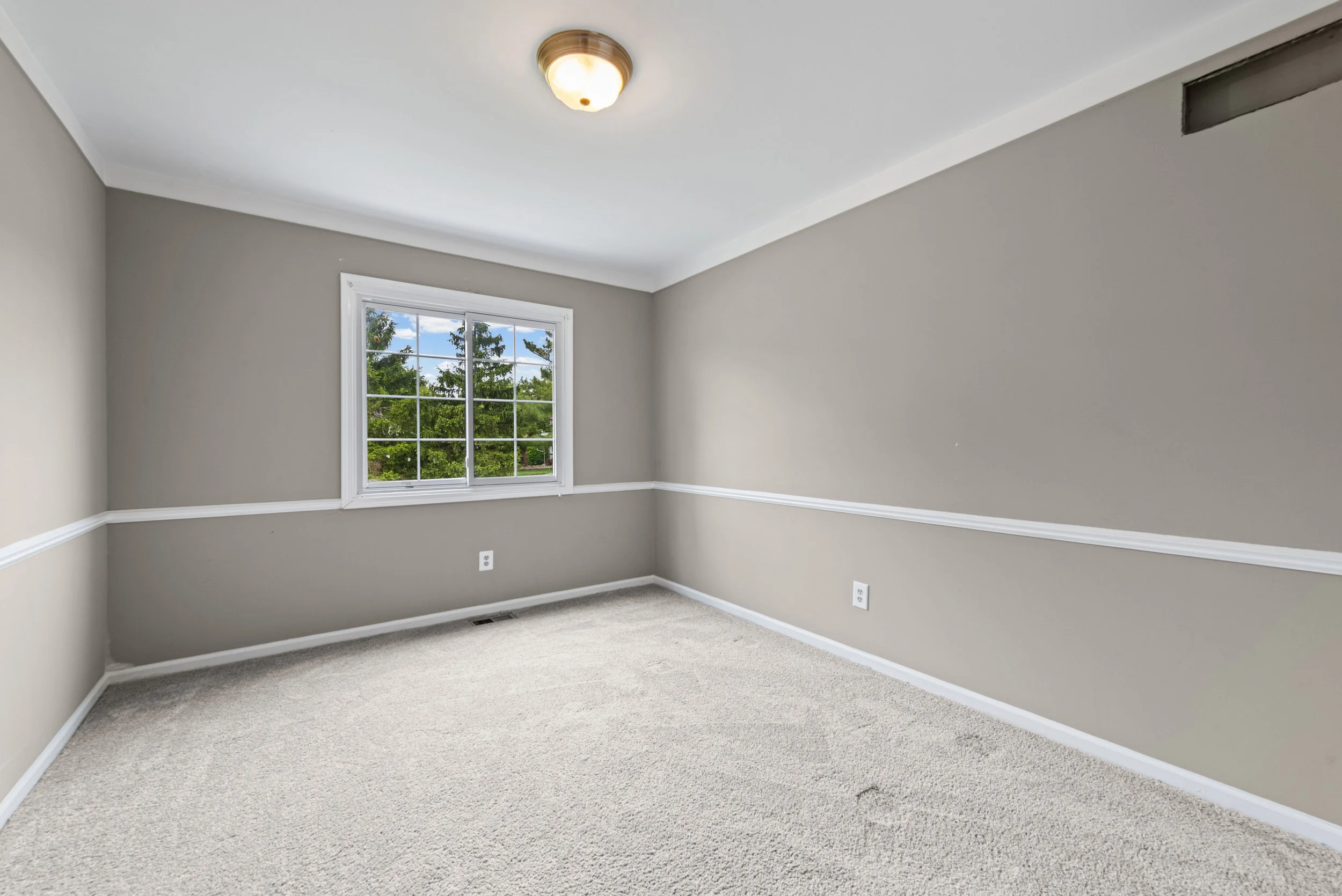 Empty room with gray walls, beige carpet, a window showing greenery outside, and ceiling light fixture.