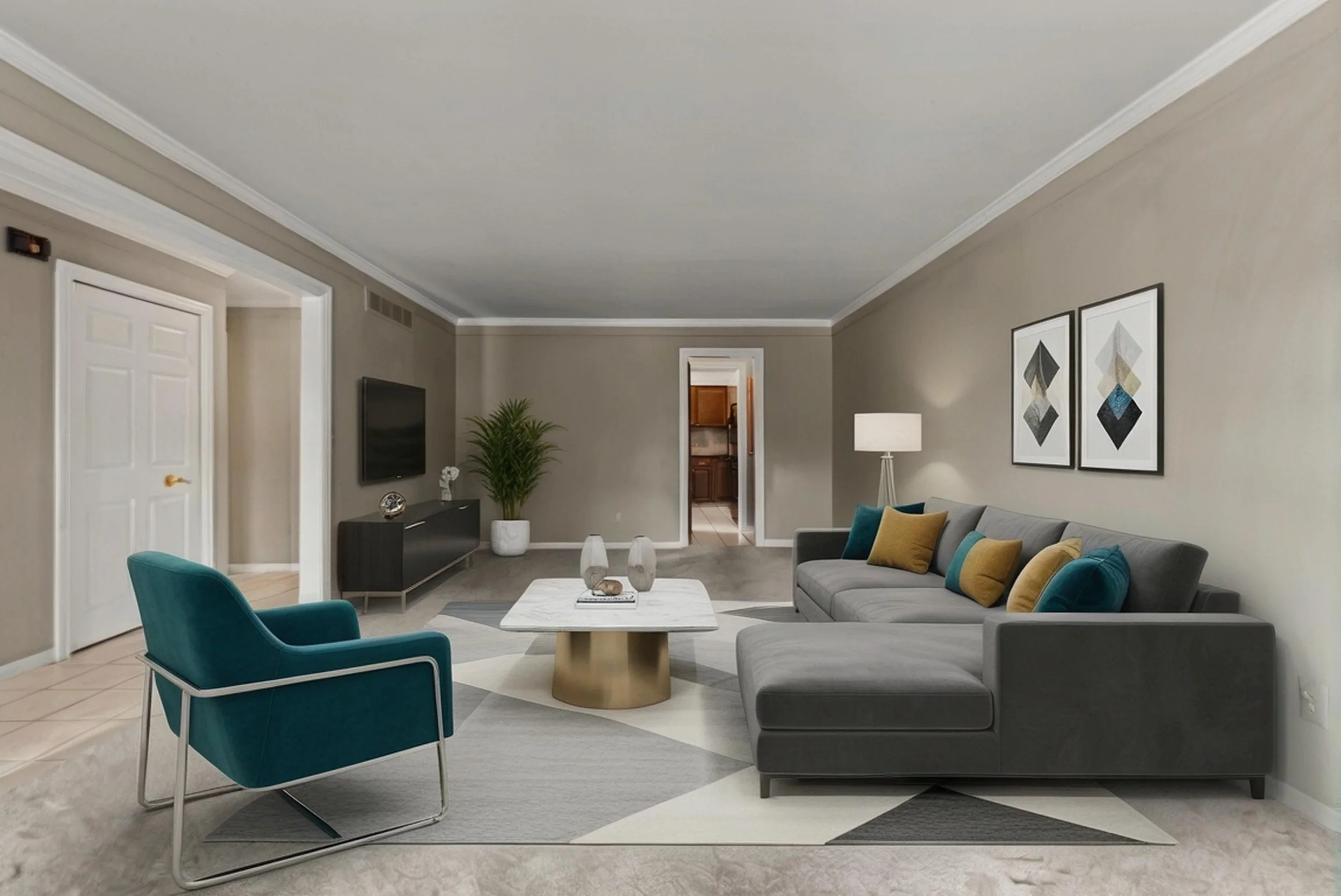 Modern living room with gray sofa, teal armchair, and yellow cushions, a white coffee table, and wall art, with a TV and decorative potted plant.