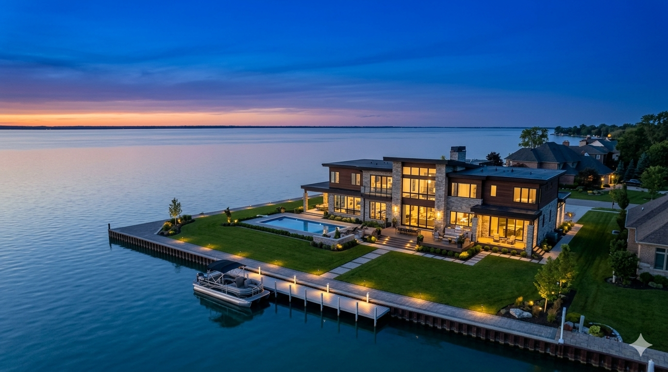 A modern waterfront house at dusk with illuminated interior, a swimming pool, boat dock, and a boat on the water.