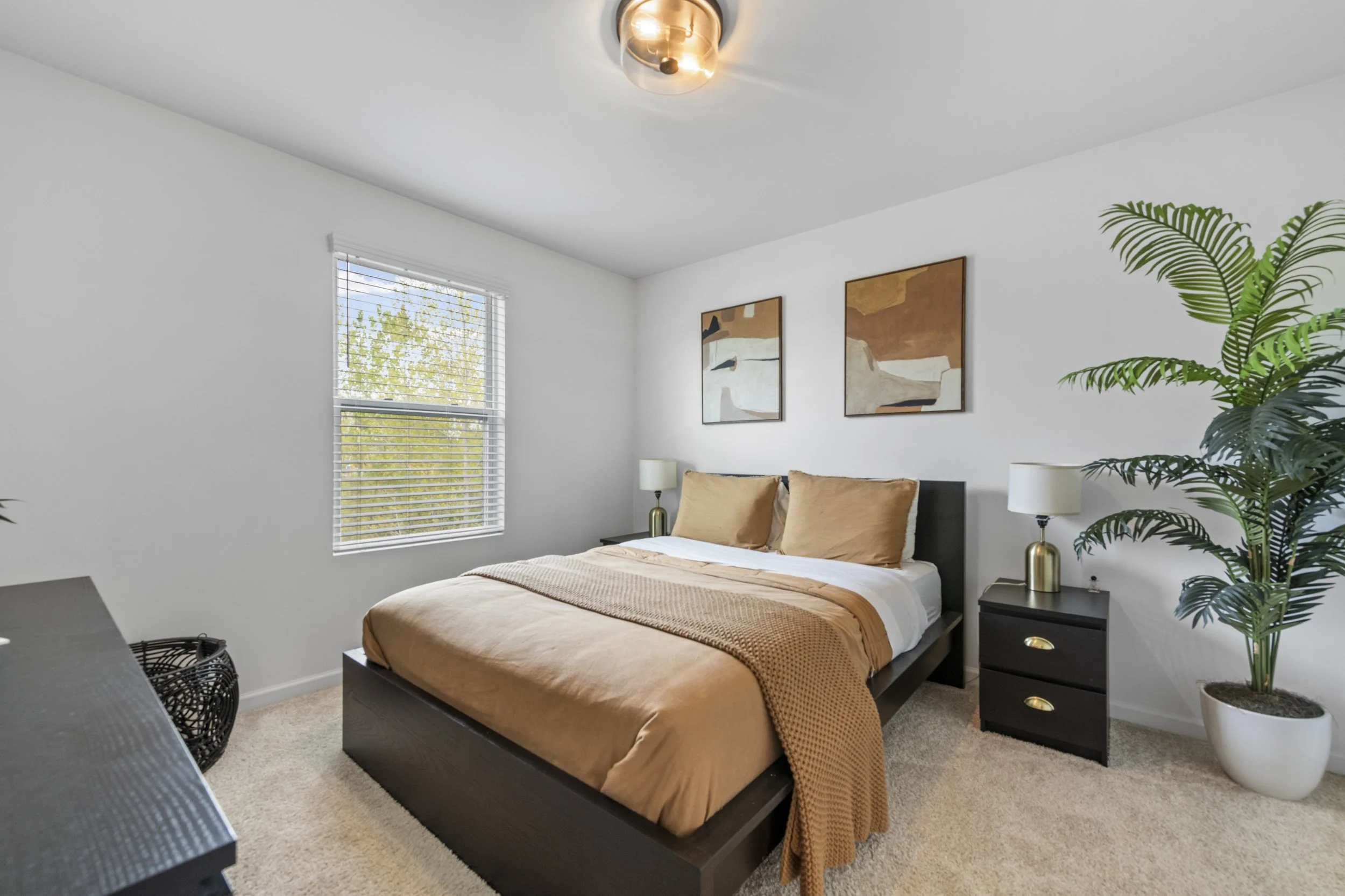 Bedroom with a large bed, two black nightstands with lamps, a large window with blinds, two abstract art pieces on the wall, a tall green plant in a white pot, and beige carpeting.