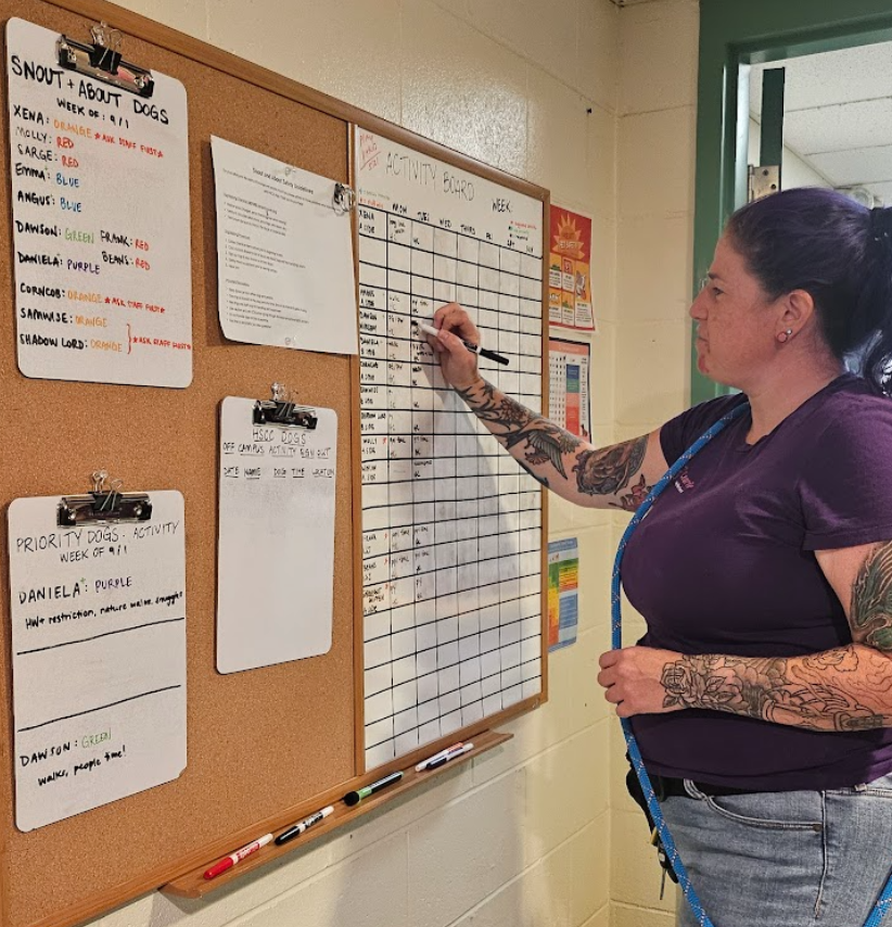 Laurie writes with a dry erase marker on a chart attached to a bulletin board featuring staff communications and announcements.