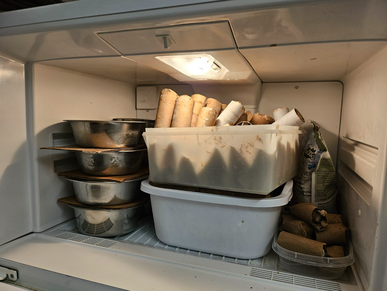 A freezer filled with home-made enrichment treats and meals.