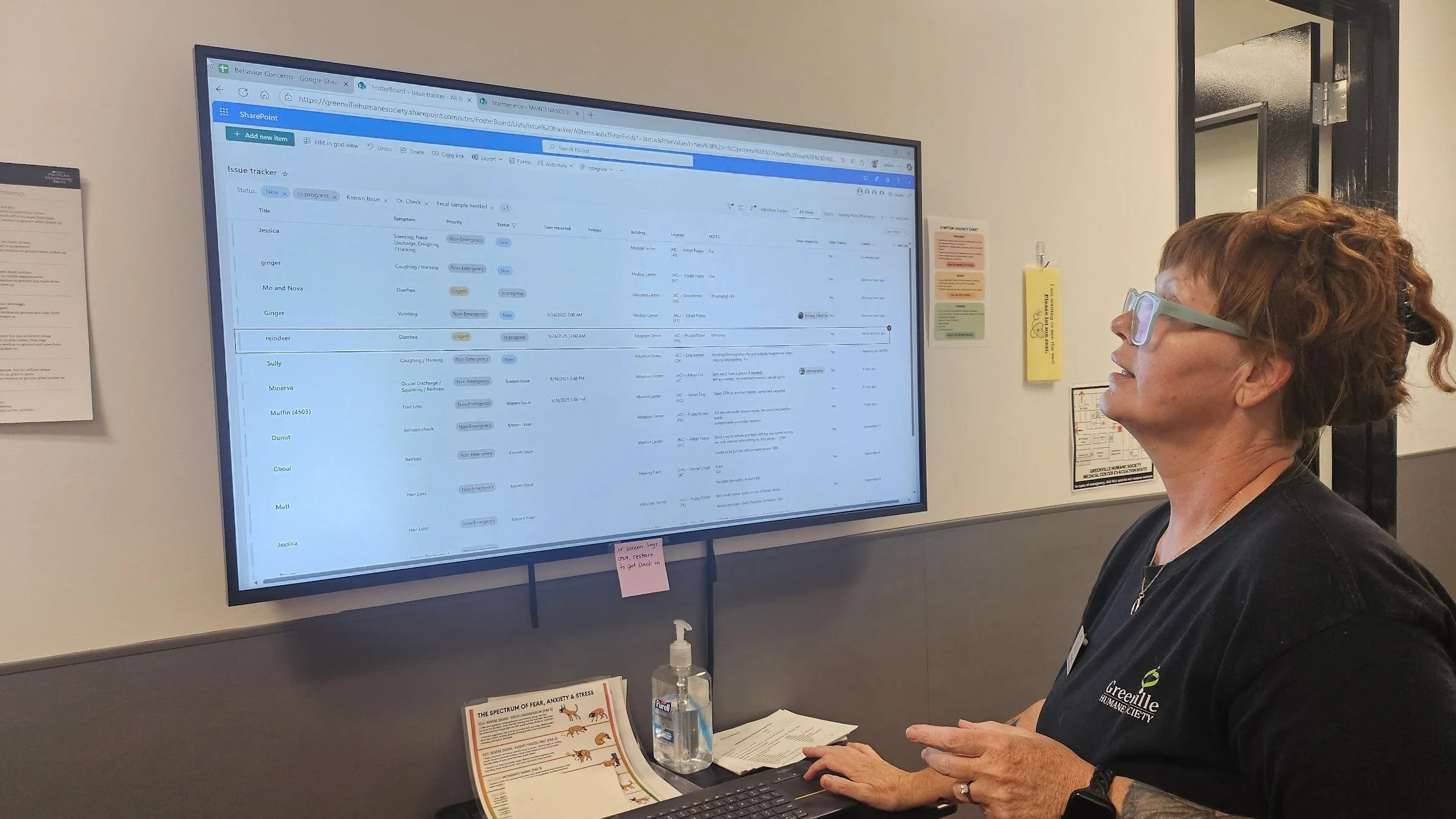 A woman with blue glasses, a black shirt, and red hair clipped into a bun scrolls through a shelter spreadsheet on a desktop computer.