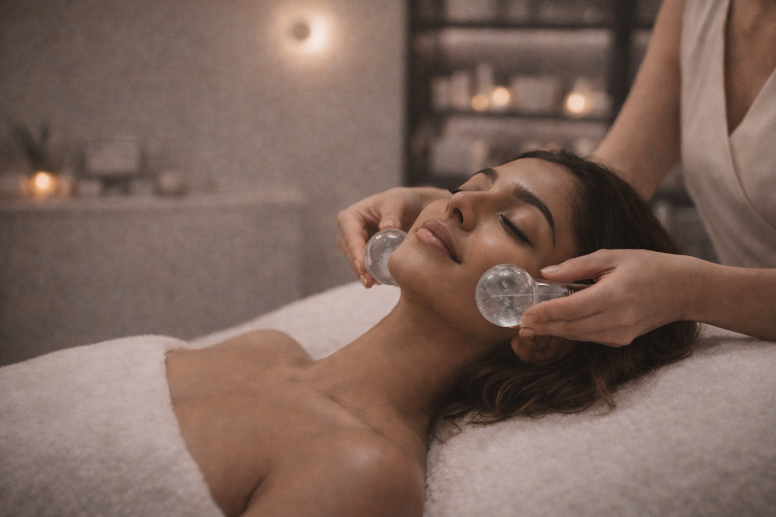 A woman receives a facial treatment with a handheld device, lying on her back with eyes closed, wearing a hairnet, in a clinical setting.