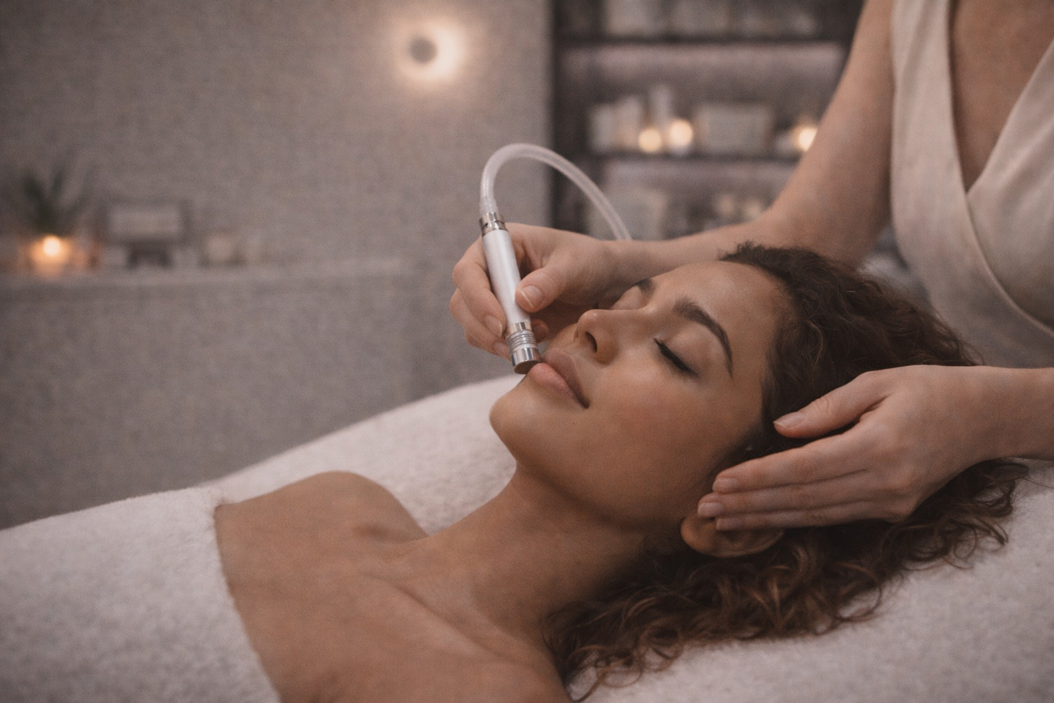 Close-up of a person receiving a facial treatment, with a brush applying a facial mask to their face.