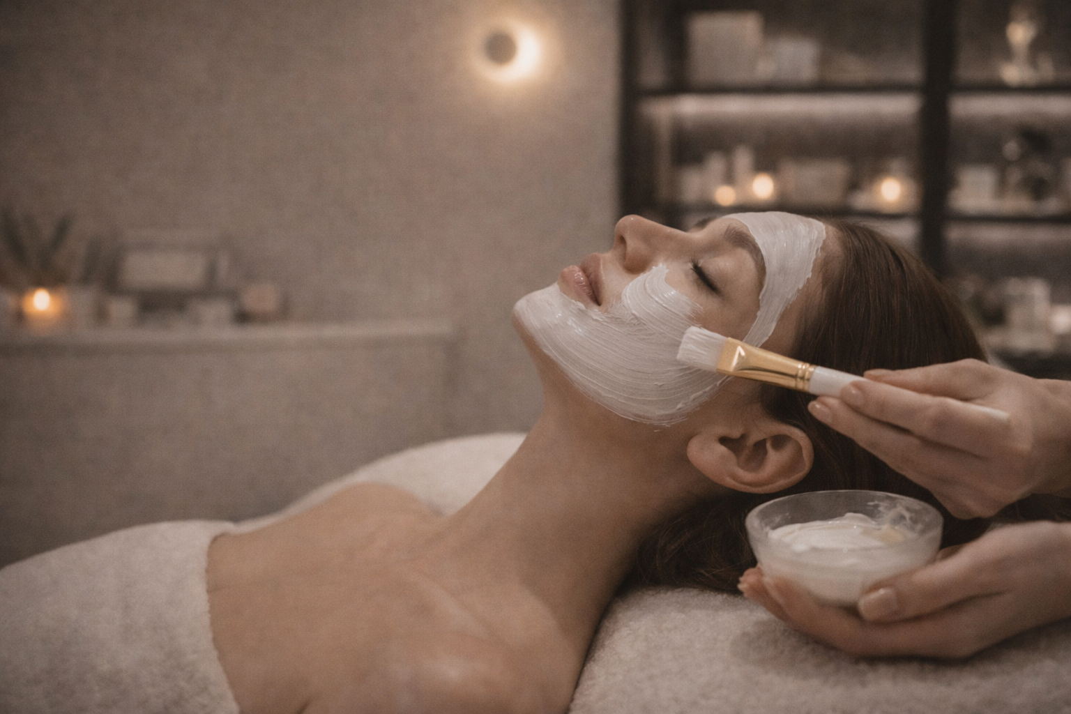 A woman receiving a facial treatment at a spa, with a white facial mask applied to her face, lying down with her eyes closed, and a spa worker wearing gloves gently supporting her face.