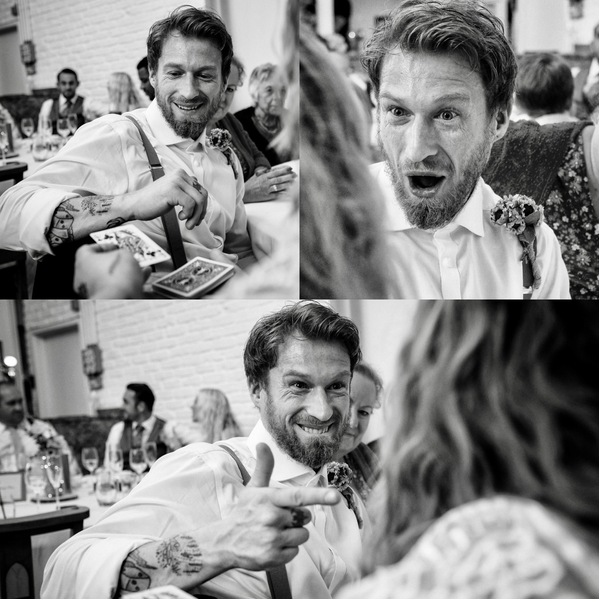 Wedding magician performing for groom.