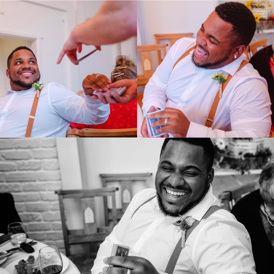 Wedding magician performing for guest.