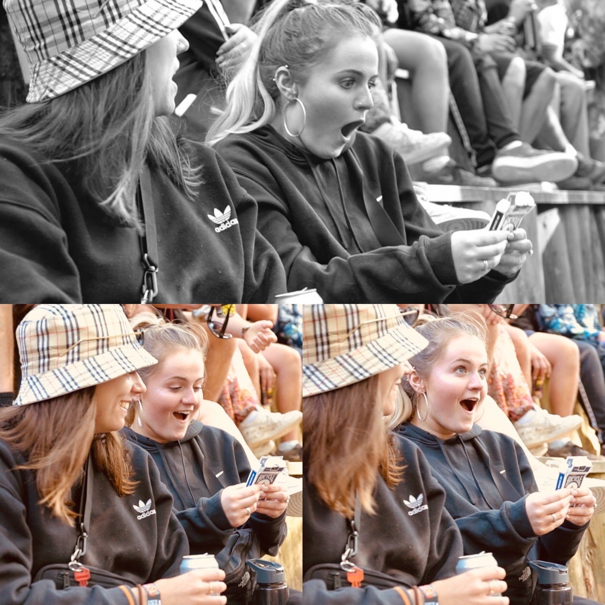 Girl reacting to close-up magic at festival.