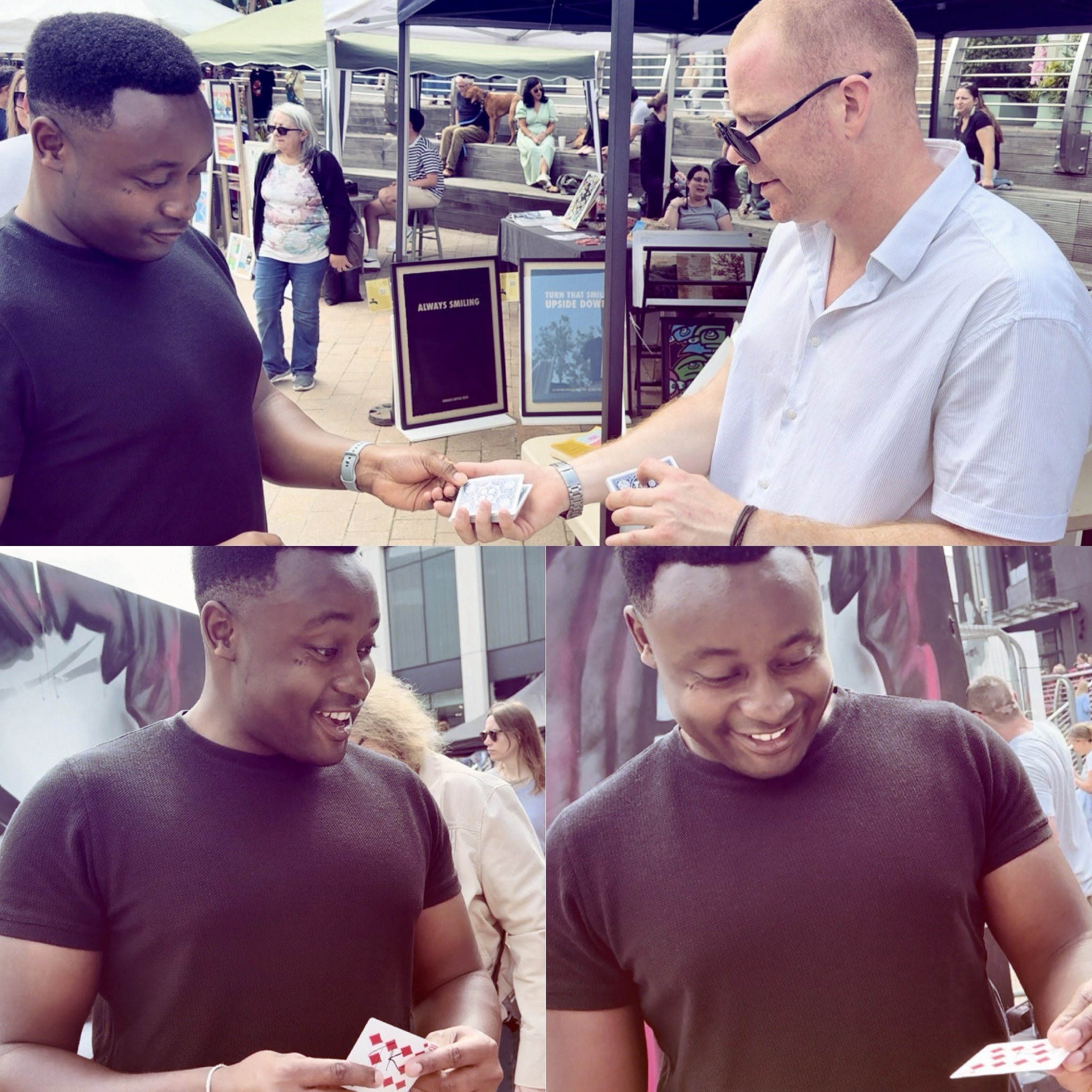 Street magician performing at street party.