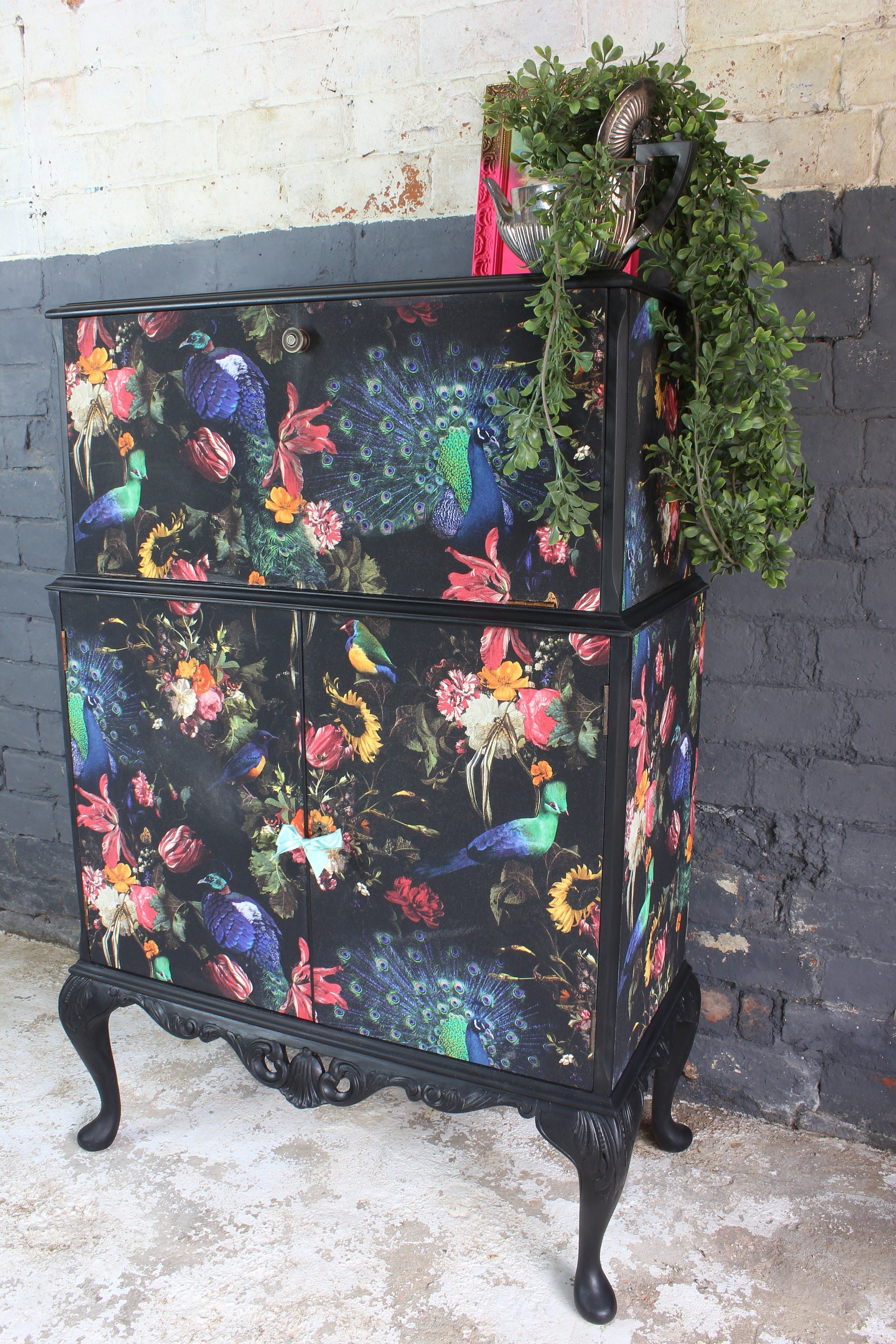 Drinks cabinet, living room furniture upcycled quirky Floral Cocktail Cupboard, Dark Decor Living Room furniture
