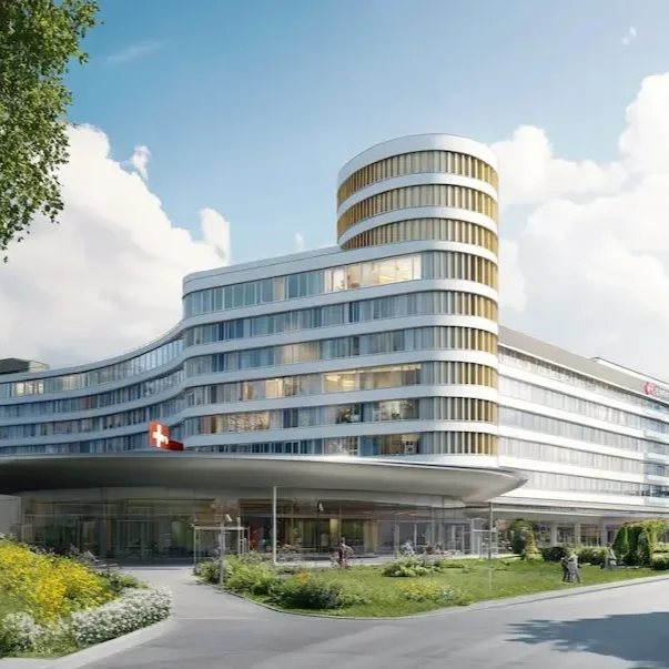 Modernes Krankenhausgebäude mit Schweizer Flagge und begrüntem Bereich im Vordergrund.