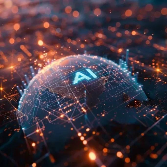 Digitale Netzwerkwelt mit der Aufschrift 'AI' im Mittelpunkt, leuchtende Spuren und Datenpunkte in dunklem Hintergrund