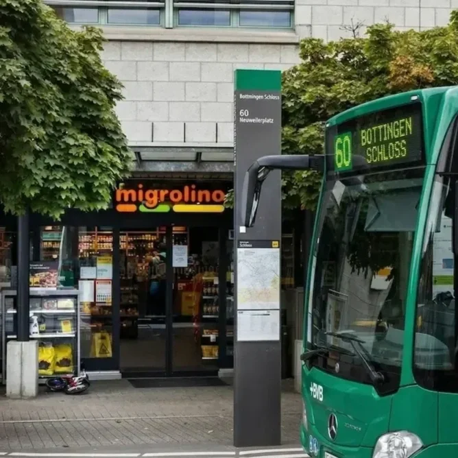 Bushaltestelle vor einem Supermarkt mit gelbem Bus und einem Mann, der an einem Automaten steht.