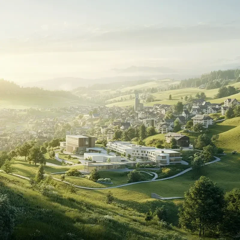 Moderne Architektur im Grünen, umgeben von Hügeln und Wald, mit mehreren Gebäuden und Wegen im Vordergrund, in einer Bergregion bei Sonnenaufgang oder Sonnenuntergang.