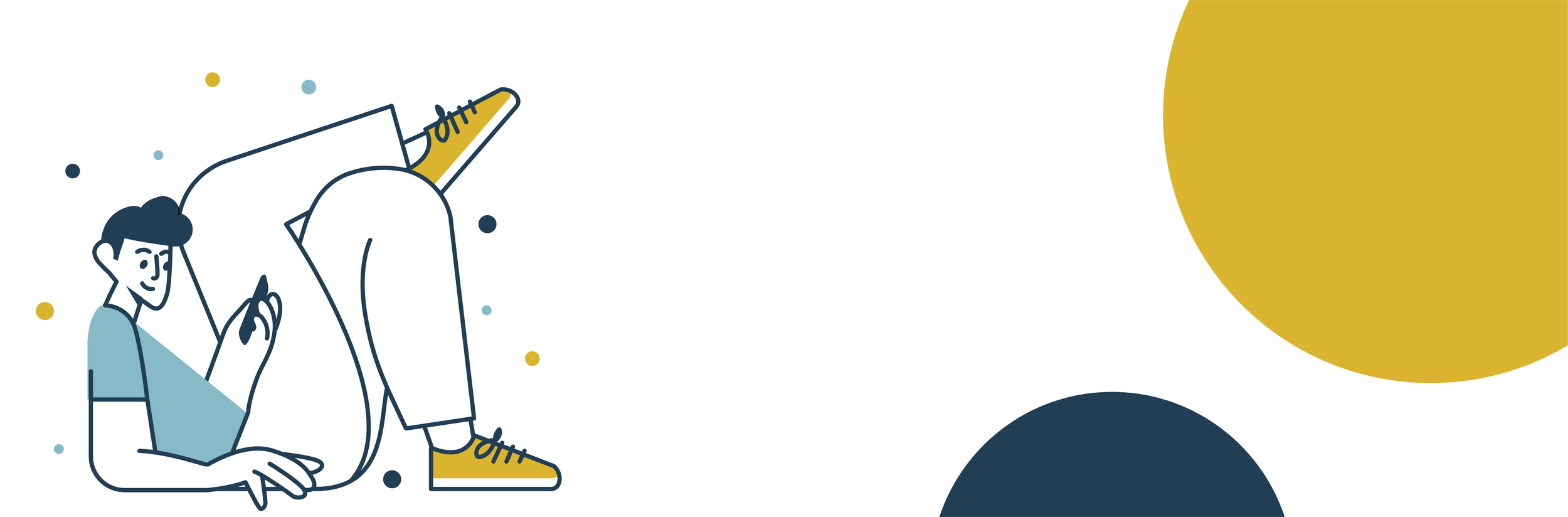 Illustration of a person lying on the floor using a smartphone, with a large smartphone and colored circles in the background.