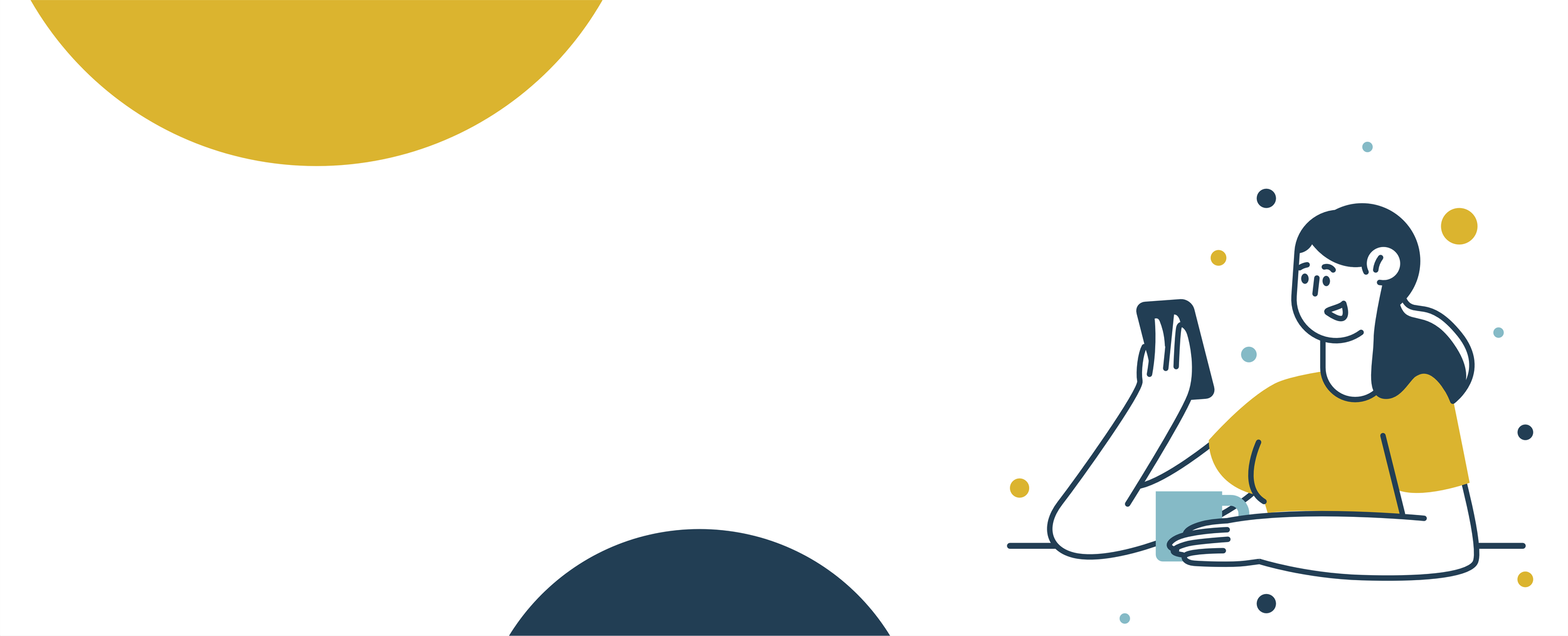 Illustration of a woman with dark hair sitting at a table, smiling and holding a smartphone in her left hand, while her right hand rests on a cup, surrounded by colorful dots.