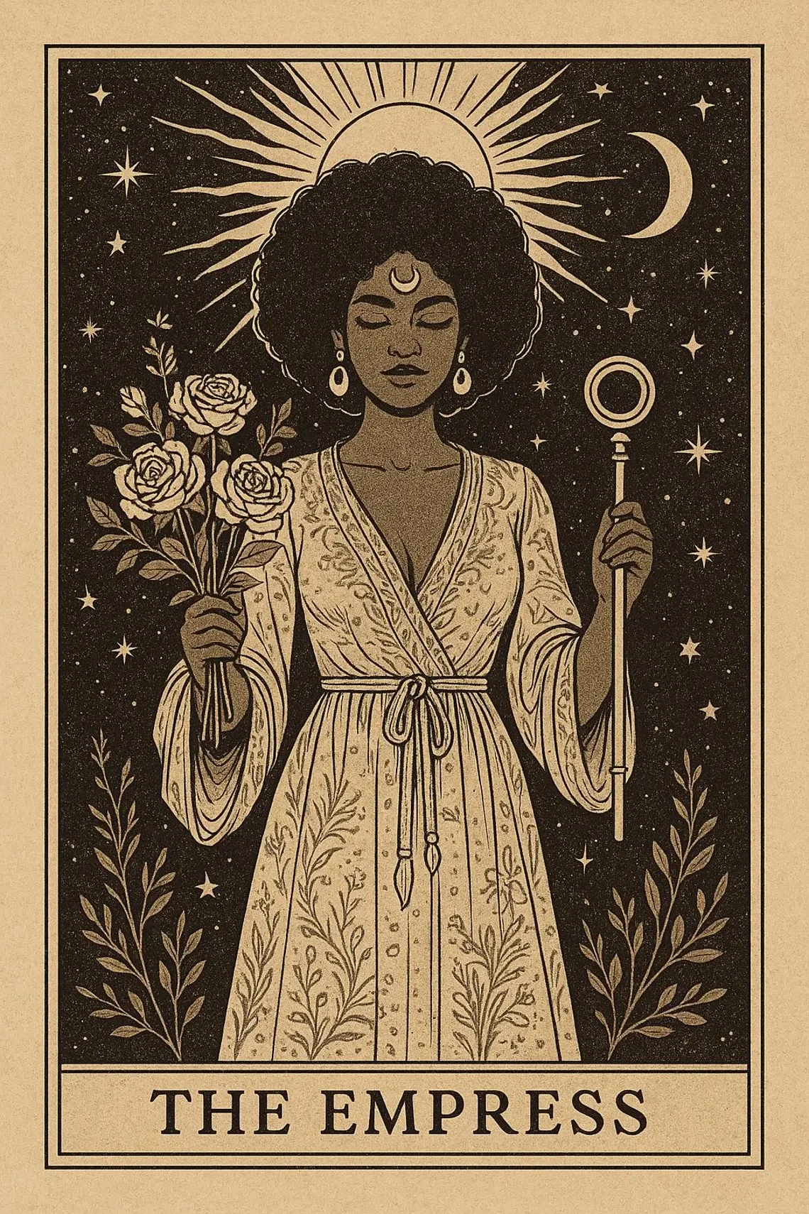An illustration of a woman with dark curly hair, closed eyes, wearing earrings and a flowing embroidered dress, holding a bouquet of roses in her left hand and a staff topped with a circle in her right hand. The background features a celestial scene with stars, the moon, a sun, and a crescent moon, and is labeled "The Empress."