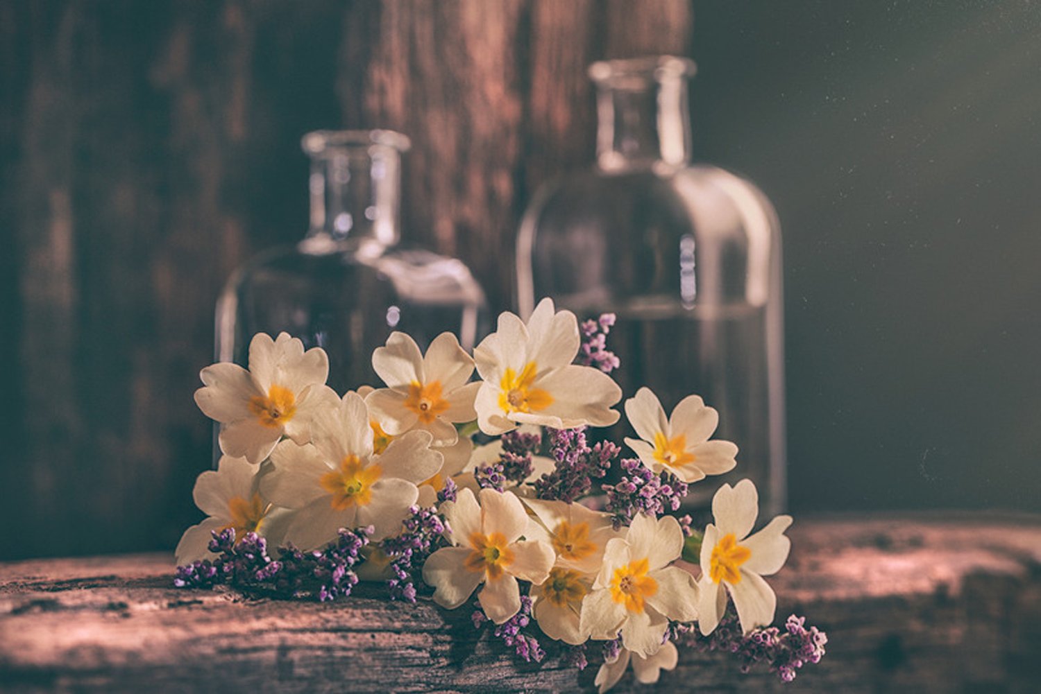 A cluster of white flowers with yellow centers and purple smaller flowers arranged on a wooden surface in front of two clear glass bottles, with a dark wooden background and a soft light source.