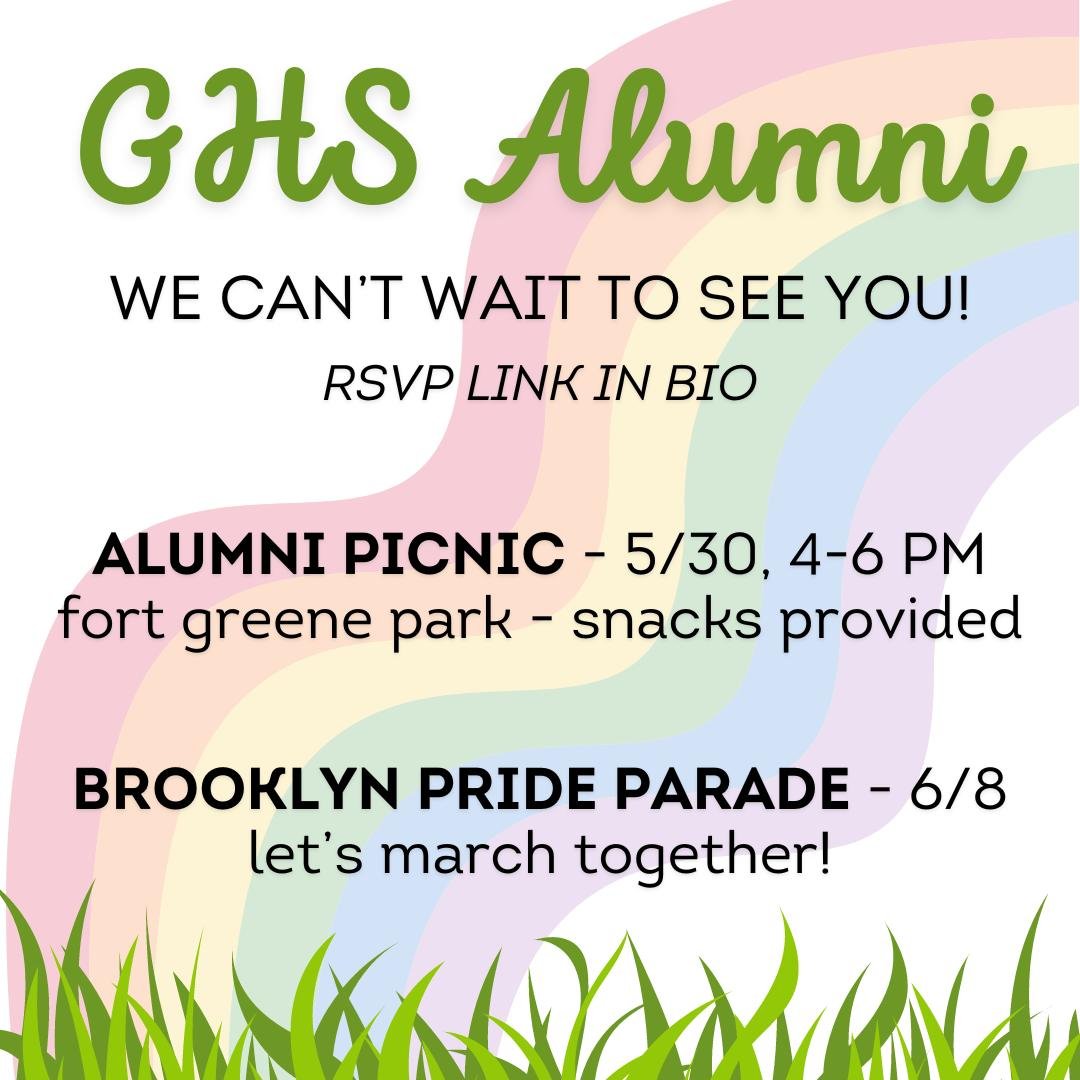 We are excited to see our alumni at these upcoming events, including our alumni picnic and walking with us at the Brooklyn Pride Parade. RSVP link is in the bio.

--

 #Inquirybased #Constructivist #SocialJustice #GreeneHill #greenehillbklyn #realwor