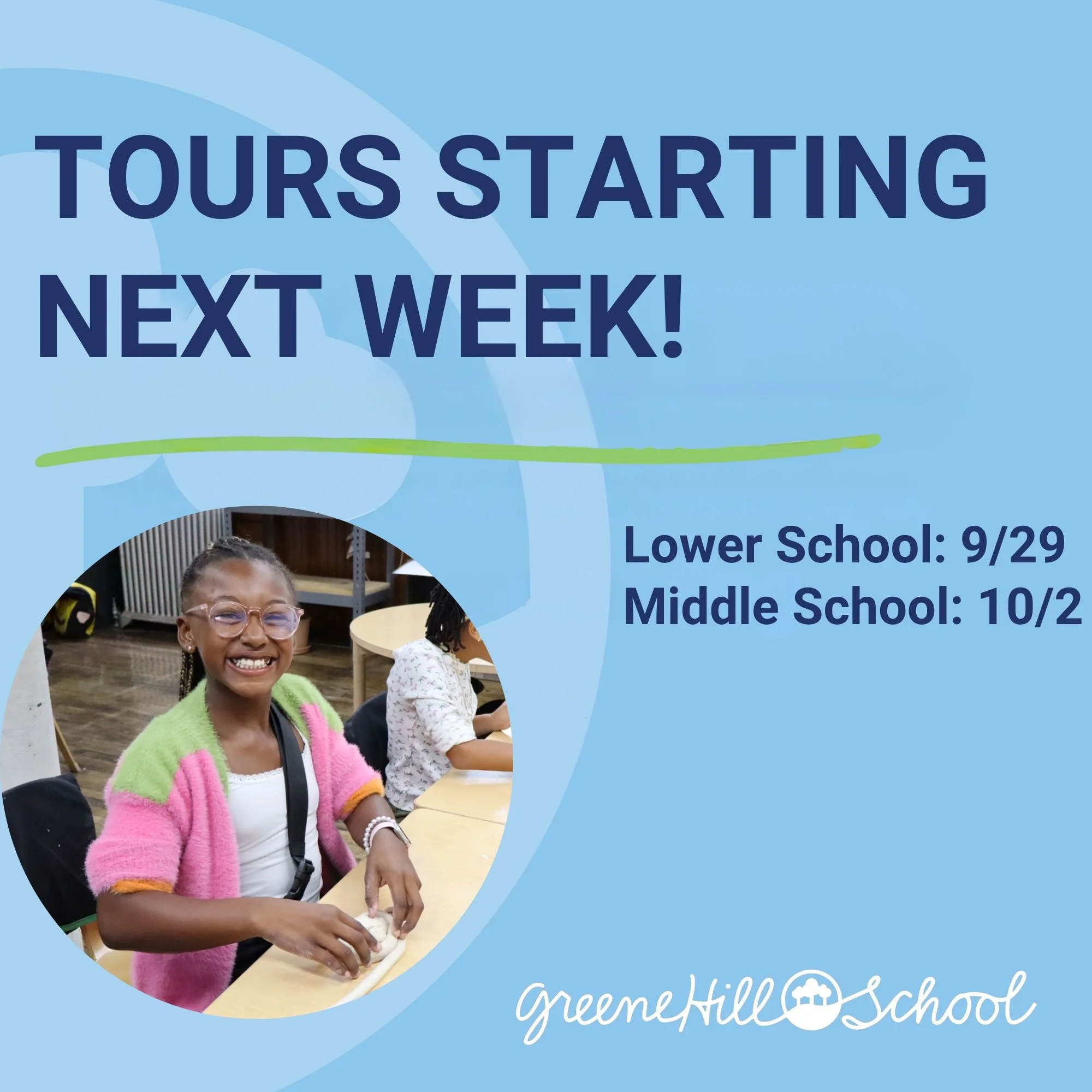 Tours starting next week: Lower School on 9/29, Middle School on 10/2. Self-register via ravenna-hub.com, and reach out to admissions@greenehillschool.org with questions. 

#promiseofprogressive #greenehillschool #GHS #progressiveeducation #progressi