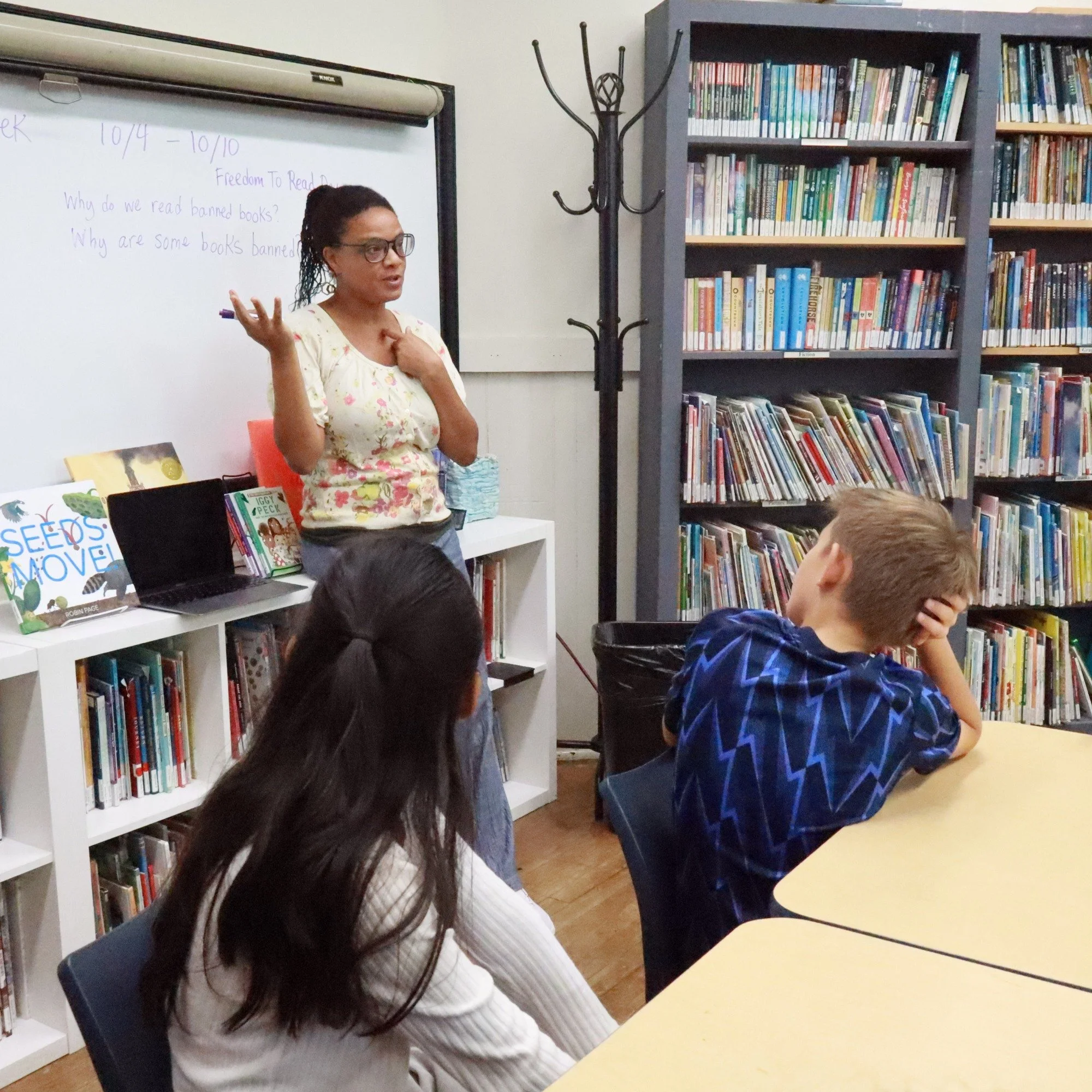 For their first community job as 10s Librarians, students collaborated in small groups to select developmentally appropriate picture books to read aloud to 4s-9s for Banned Book Week as well as create discussion questions to keep the read alouds mean