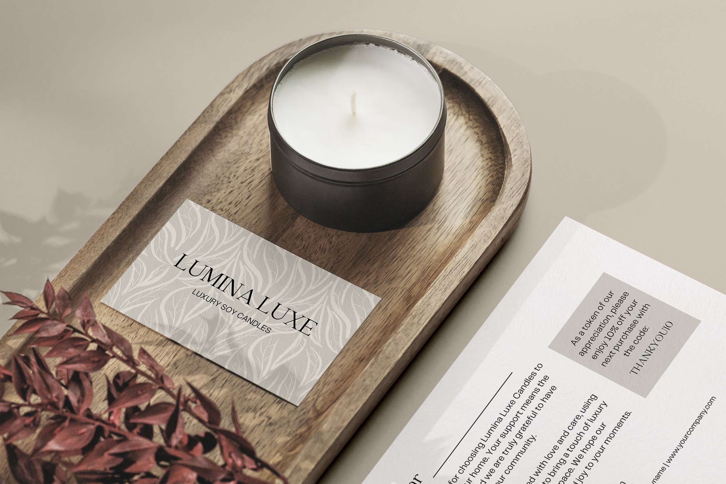 Luxury business card and thank you card designs for a candle business.