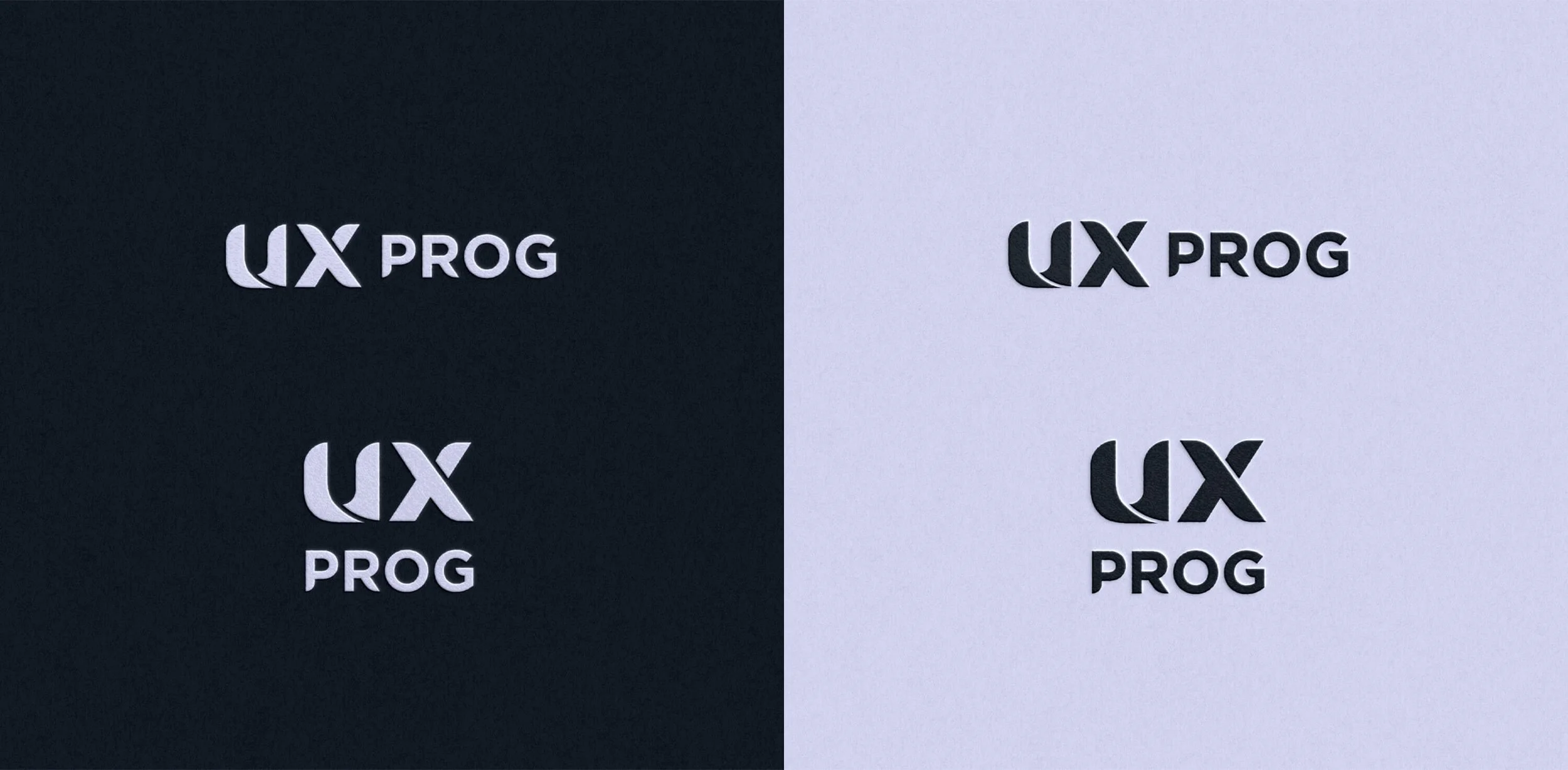 Different variations of the UX PROG logo set on light and dark backgrounds, showcasing the brand's versatile and adaptive design elements.