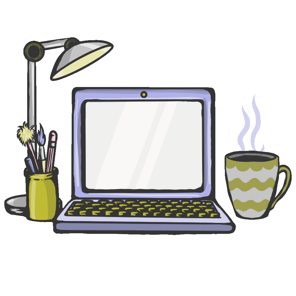 Illustration of a desk setup with a computer, a desk lamp, a mug of hot coffee, and a container holding art brushes and tools.