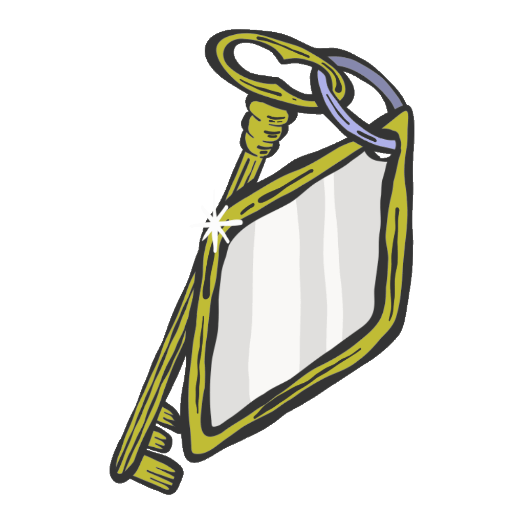 A cartoon stylized hand mirror with a yellow-green frame, attached to a keychain ring.