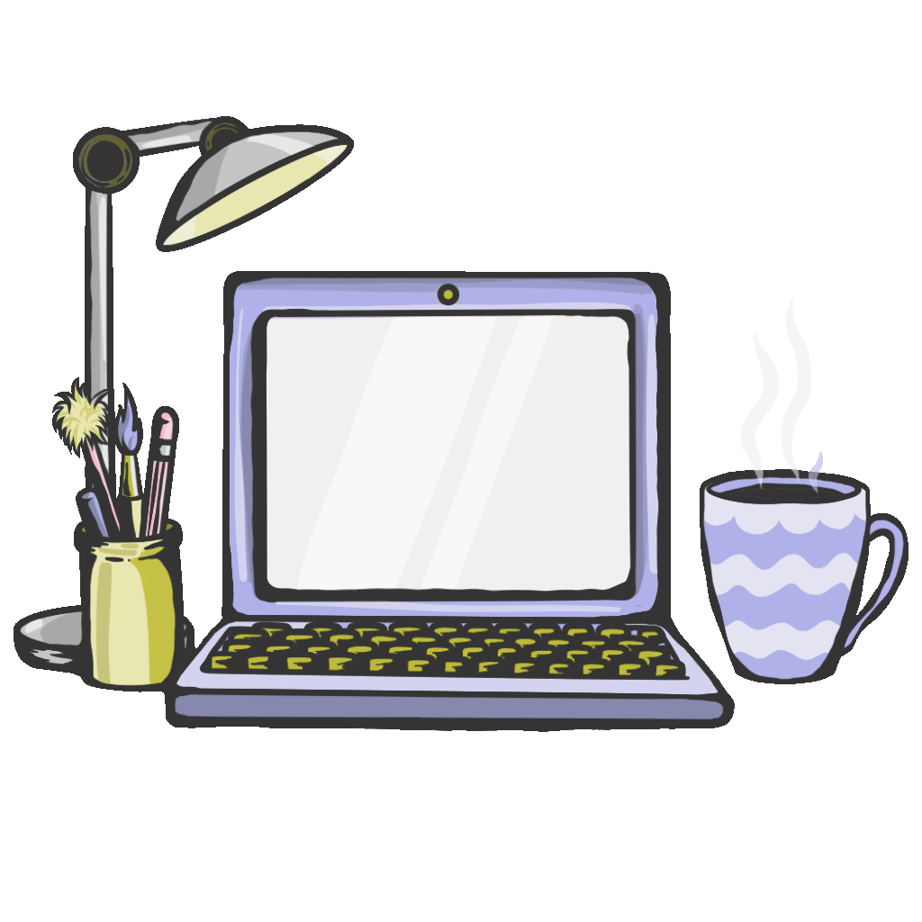 Illustration of a workspace with a laptop, a steaming mug, a desk lamp, and a container with art supplies on a black background.