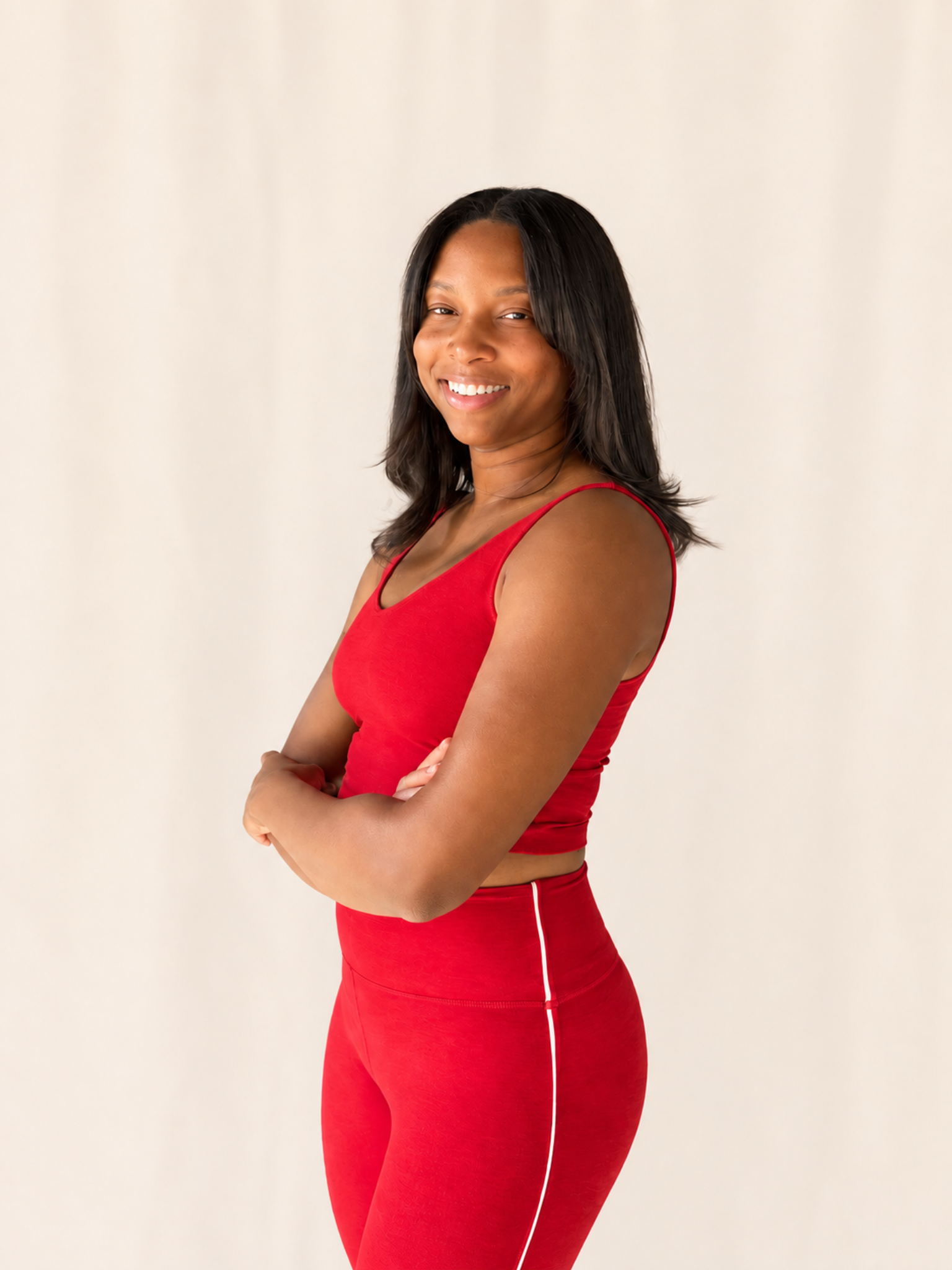 A fitness instructor in red