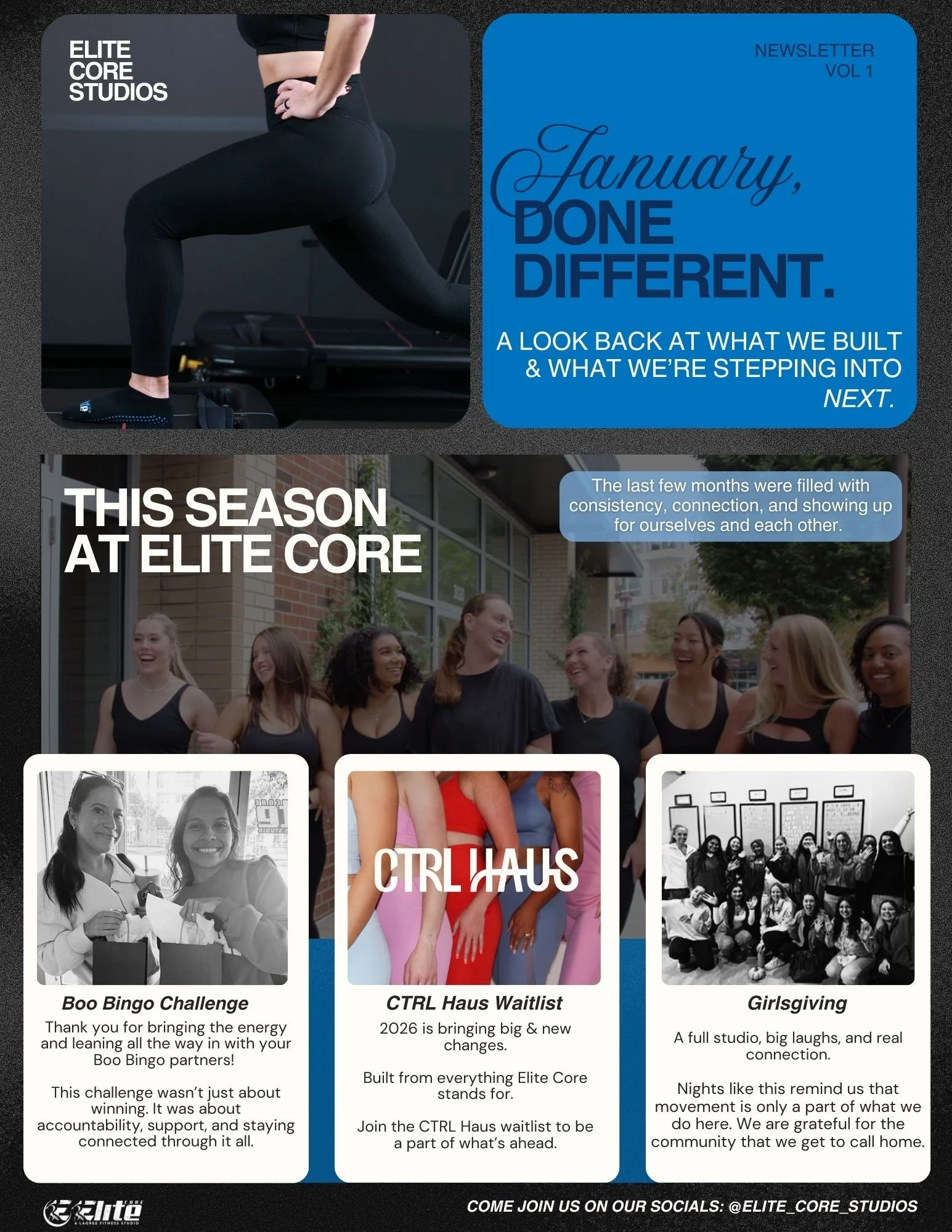 A gym woman doing squats, wearing black workout attire, in a fitness studio with dark background, with text overlay about Elite Core Studios. Inside the newsletter, there are photos of diverse women group, a black-and-white photo of two women holding shopping bags, a colorful photo of women’s legs, and a group of women in a fitness studio. The newsletter includes headers and descriptions for a bingo challenge, waitlist, and girls' giving event, and social media handle at the bottom.