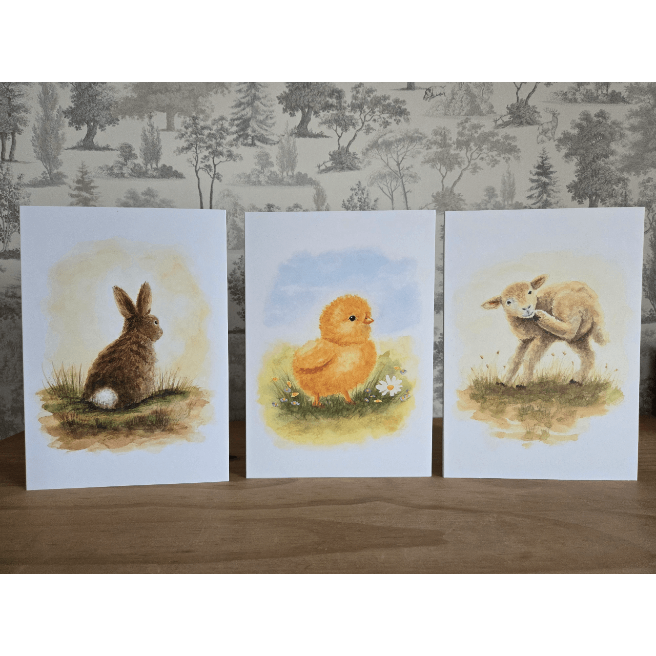 Set of three premium A5 Easter greeting cards featuring bunny, chick and lamb artwork by LeeBB Art.