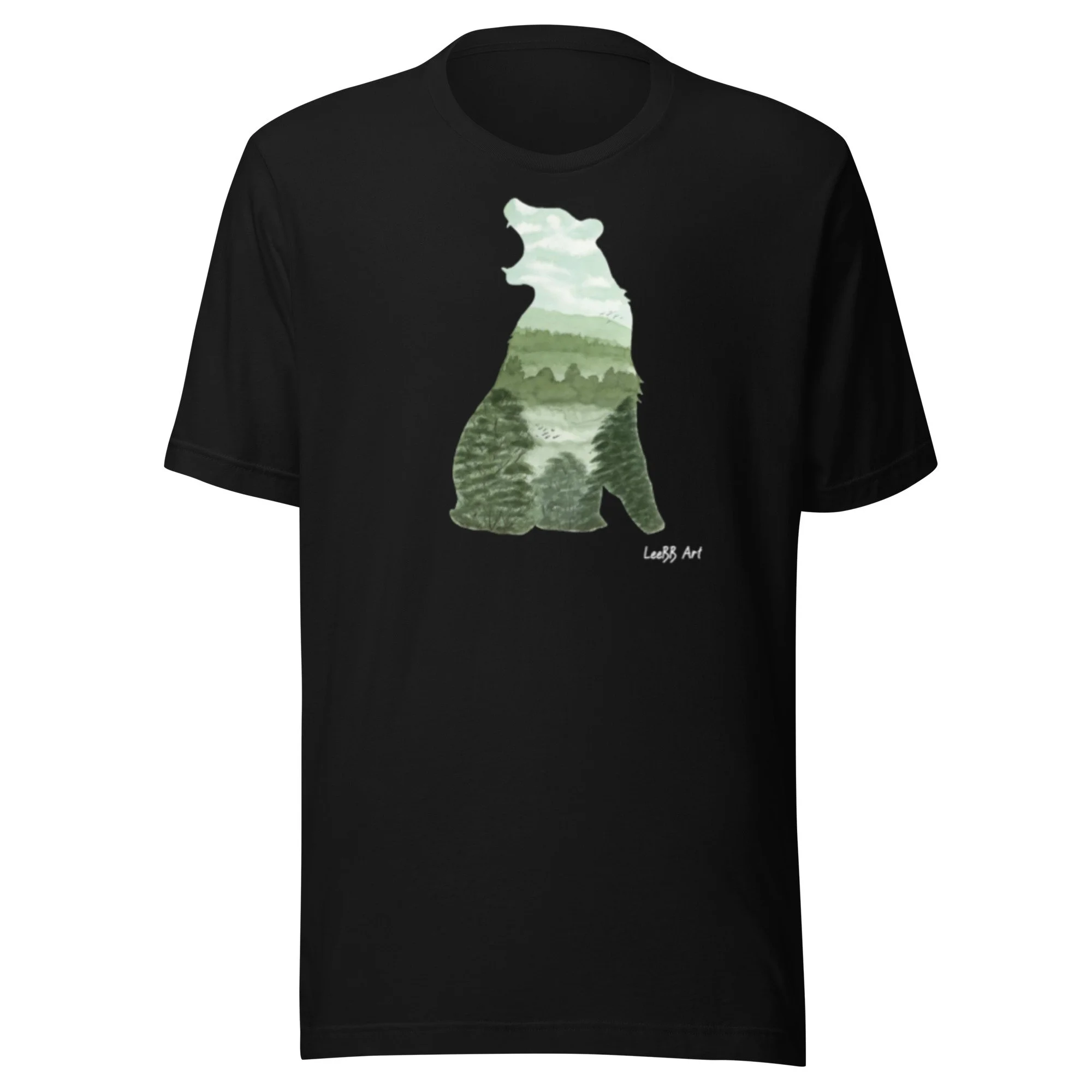 Wilderness Brown Bear wildlife graphic unisex T-shirt by LeeBB Art in Black.