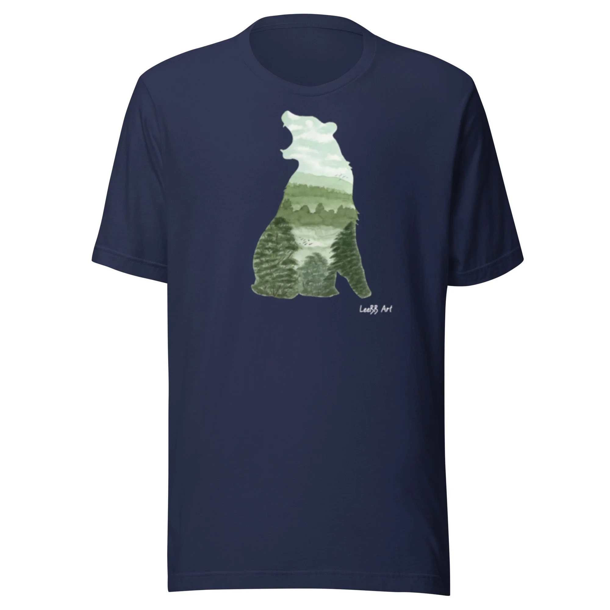 Wilderness Brown Bear wildlife graphic unisex T-shirt by LeeBB Art in Navy.