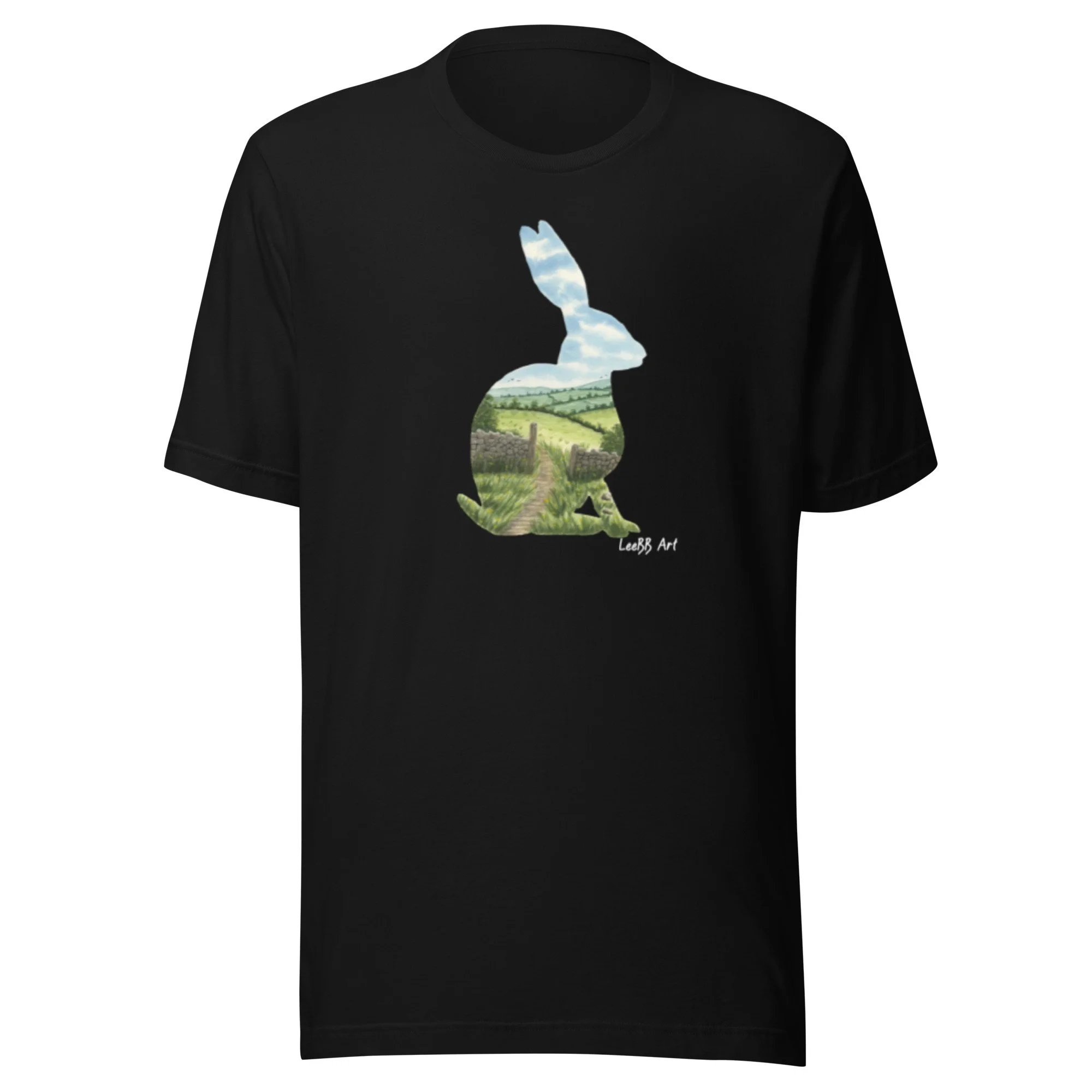 Hare British wildlife graphic unisex T-shirt by LeeBB Art in Black.