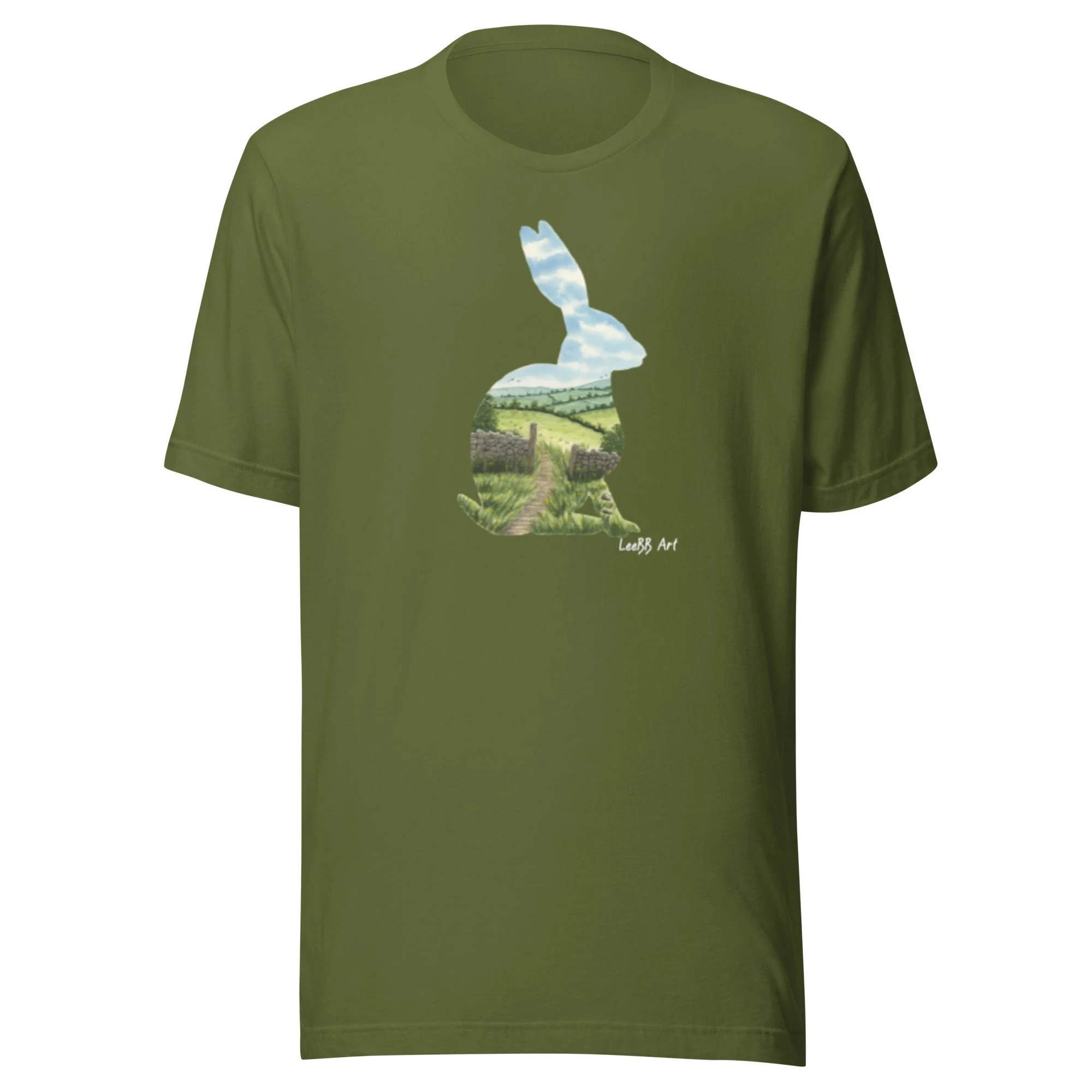 Hare British wildlife graphic unisex T-shirt by LeeBB Art in Olive.