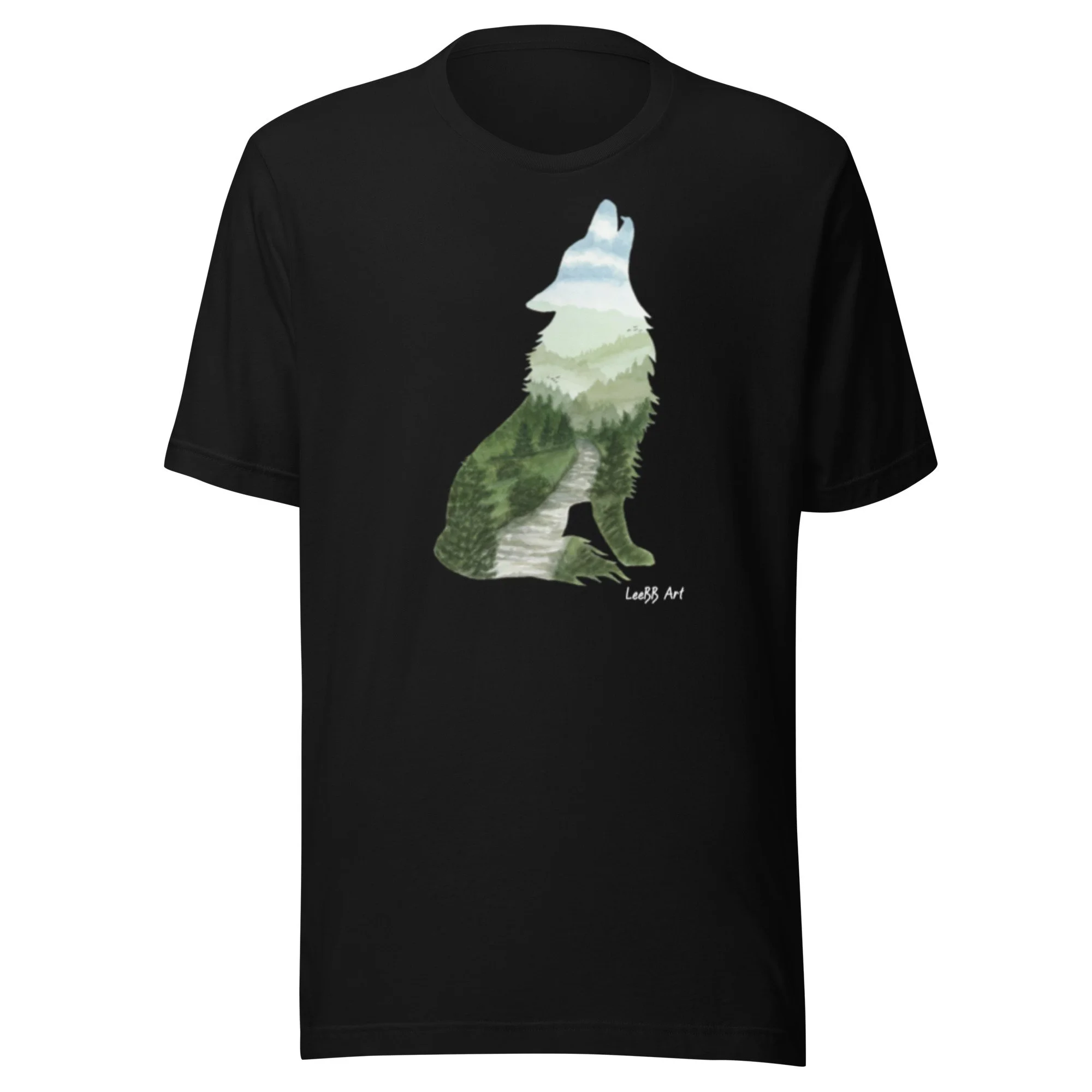 Wilderness Wolf graphic unisex T-shirt by LeeBB Art in Black.