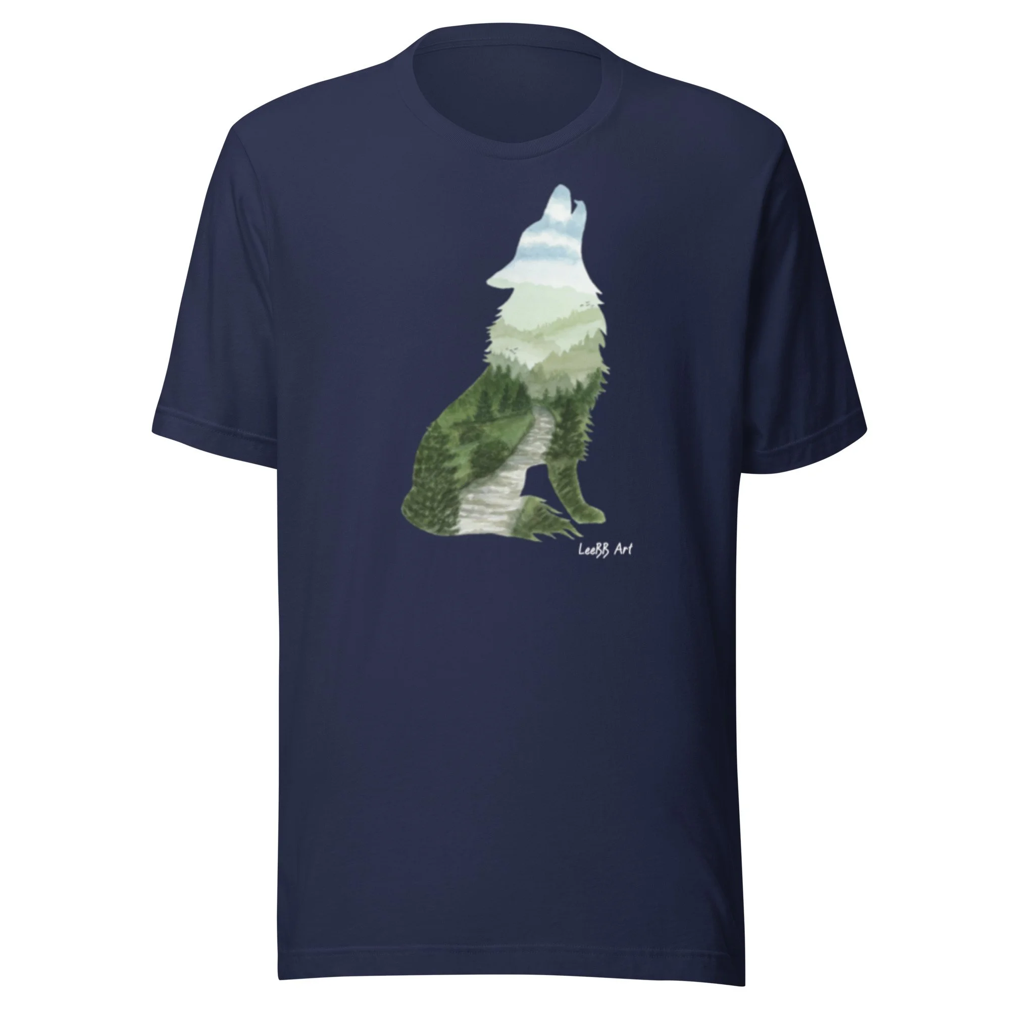 Wilderness Wolf graphic unisex T-shirt by LeeBB Art in Black.