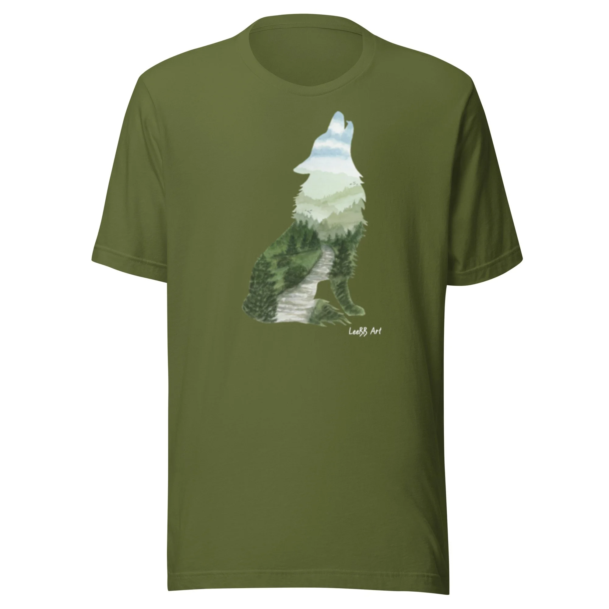 Wilderness Wolf graphic unisex T-shirt by LeeBB Art in Black.