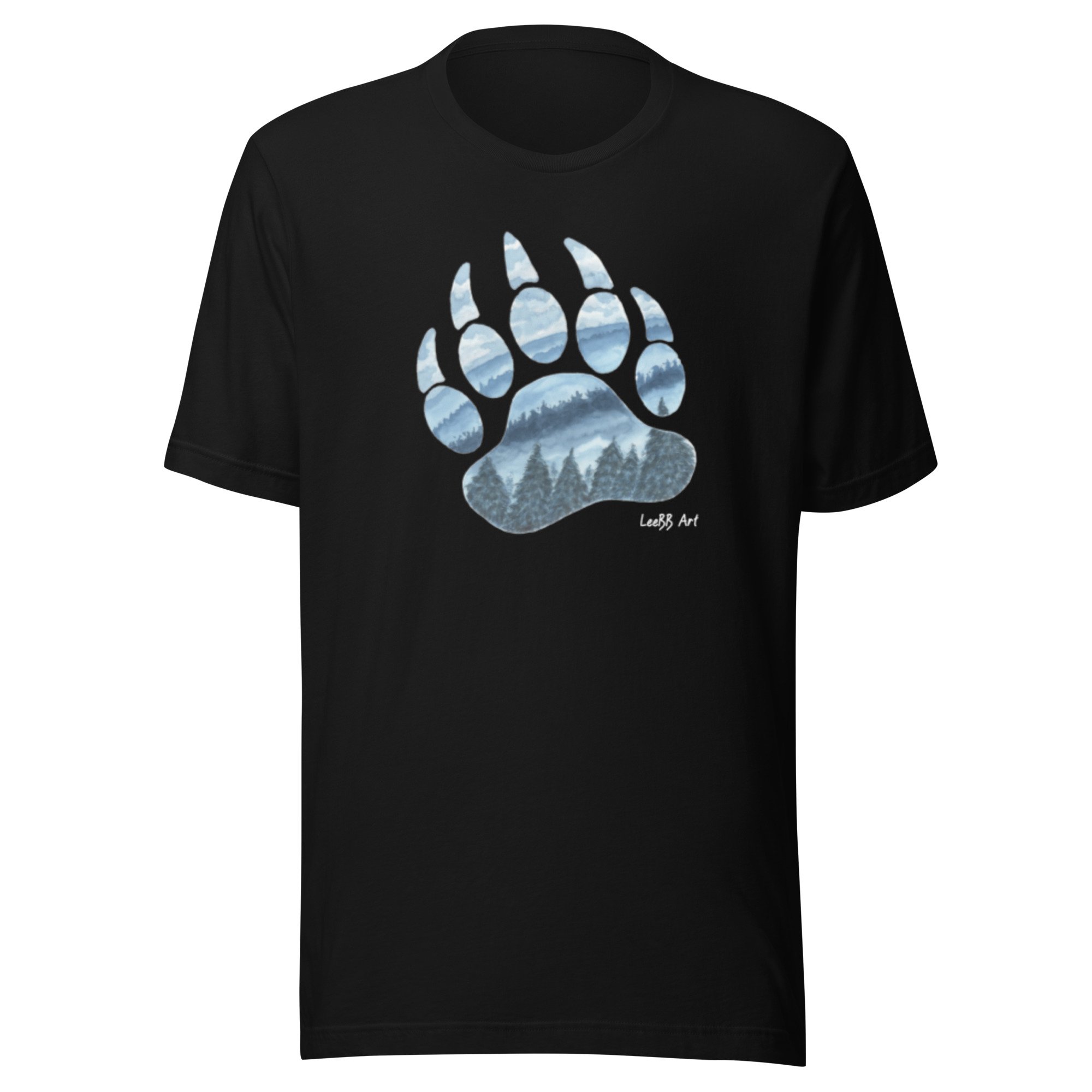 Wilderness Bear Paw Print graphic unisex T-shirt by LeeBB Art in Black.
