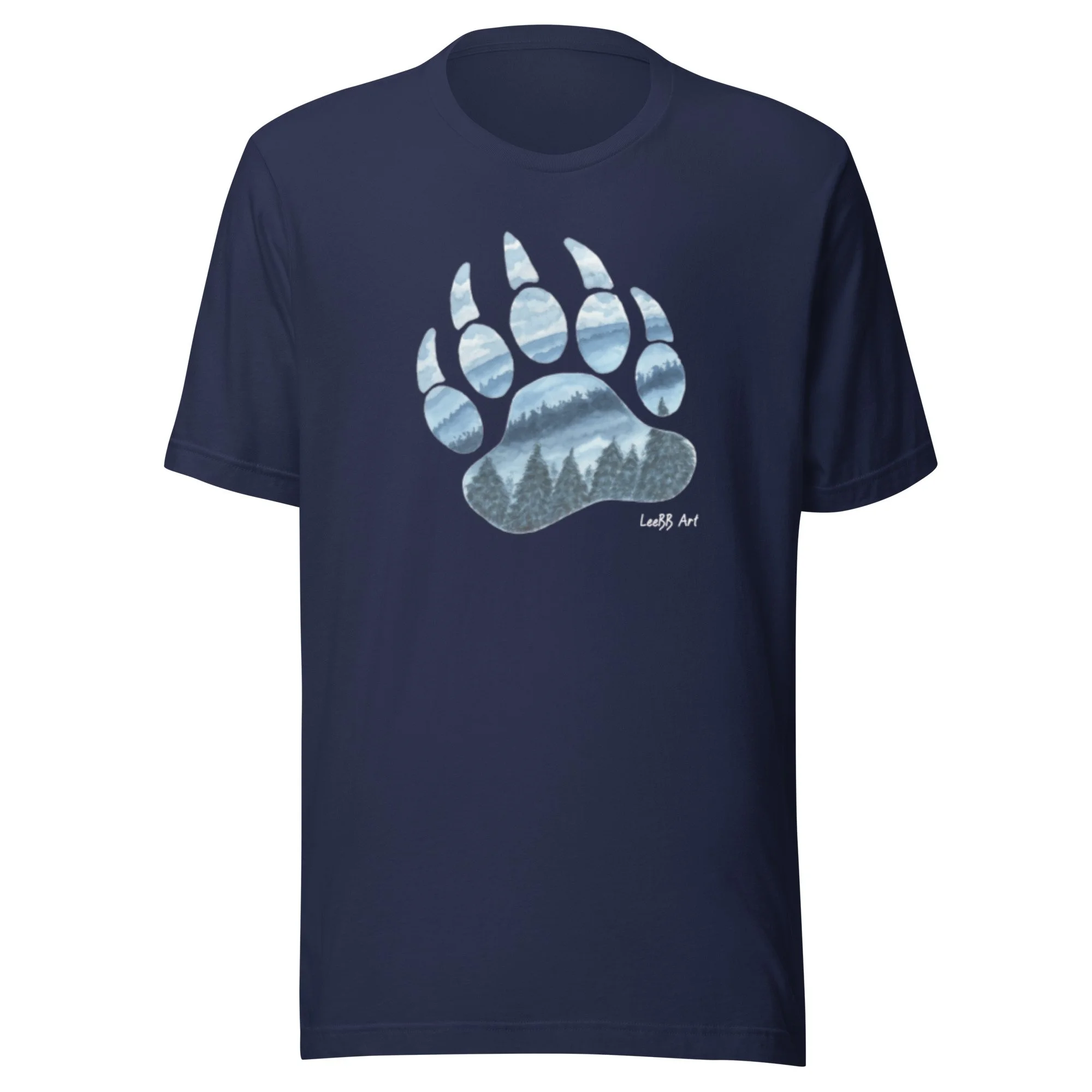 Wilderness Bear Paw Print graphic unisex T-shirt by LeeBB Art in Navy.