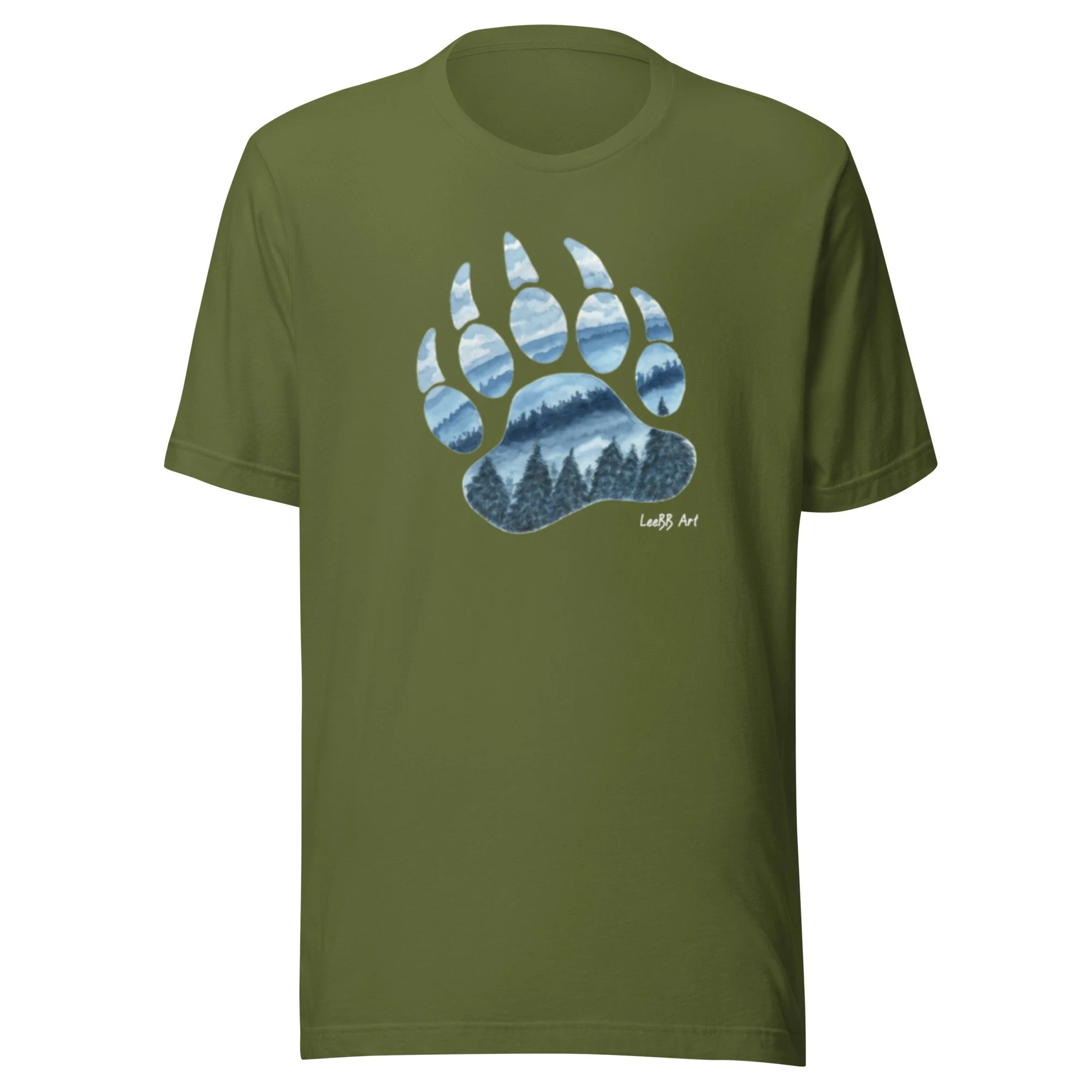 Wilderness Bear Paw Print graphic unisex T-shirt by LeeBB Art in Olive.