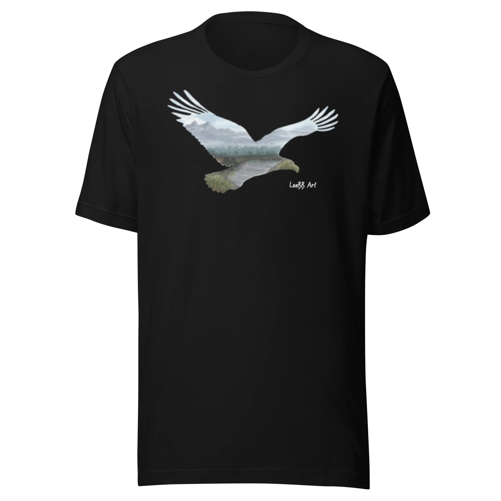 Wilderness Bald Eagle graphic unisex T-shirt by LeeBB Art in Black.