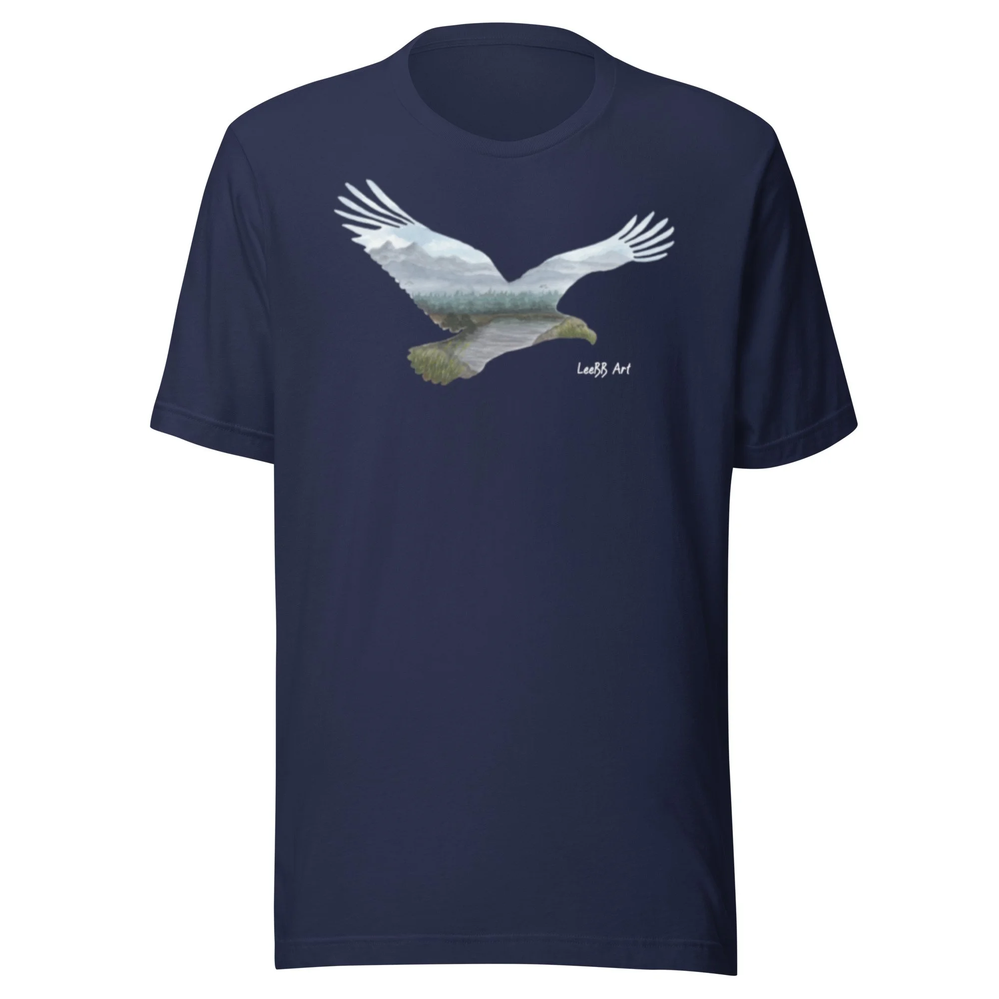 Wilderness Bald Eagle graphic unisex T-shirt by LeeBB Art in Navy.
